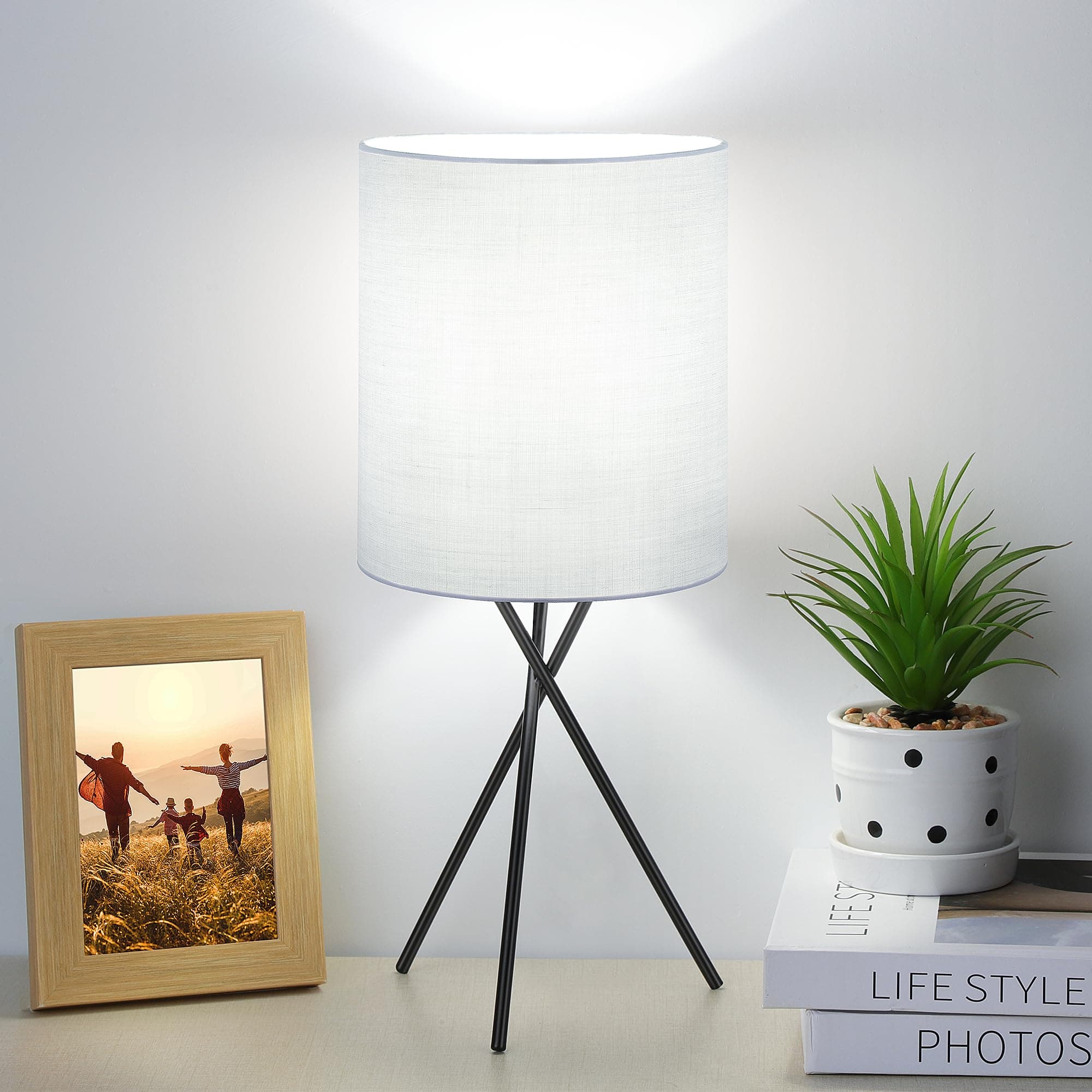 FOLKSMATE Grey Bedside Table Lamp with Black Metal Base, Nightstand Light Fixture with Linen Fabric Lampshade, Modern Simple Desk Lamp for Bedroom Living Room Home Office, Bulb Not Included