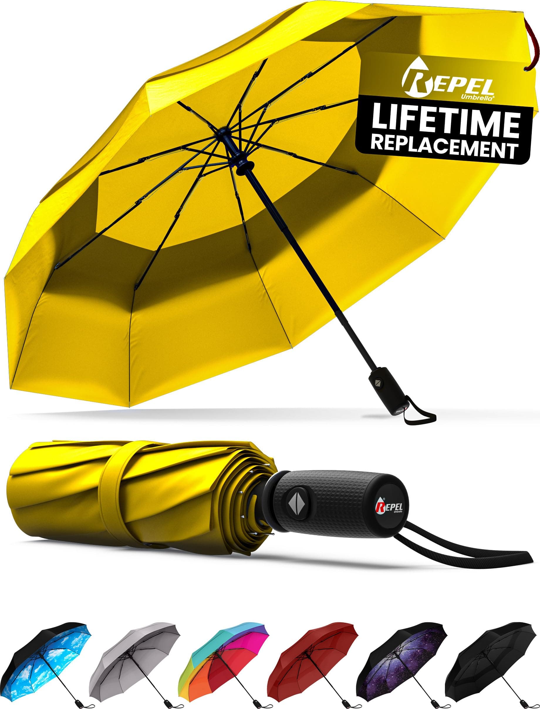REPEL Windproof Travel Umbrella - Compact & Withstands Winds up to 85MPH , Strongest Premium Auto Folding Umbrella for Rain and Sun - Durable, Light & Portable for Women & Men , Fits Backpack & Cars