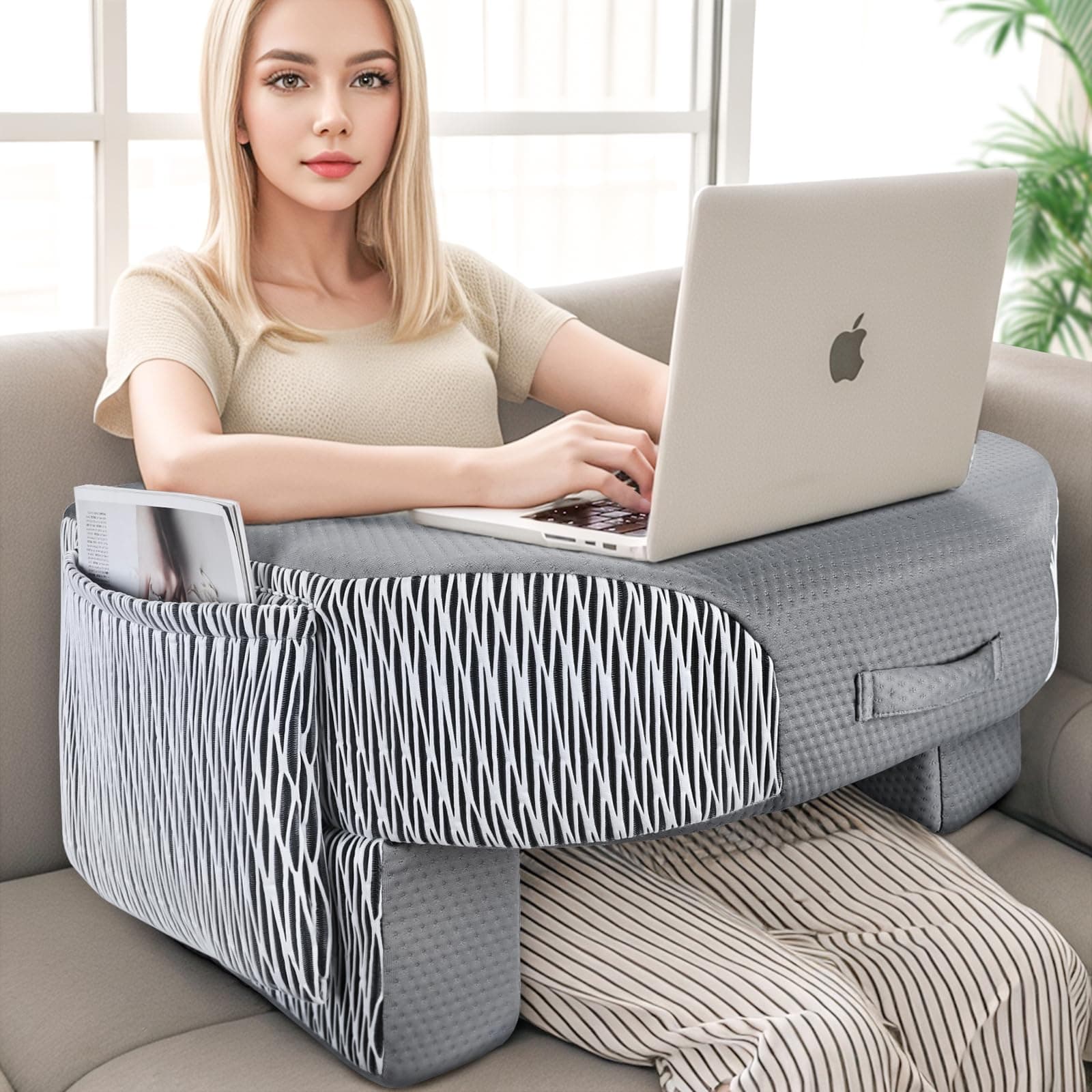 LEBENGURU Reading Pillow for Laptop, Extra Large Armrest Gaming Pillow for Working, Hight Adjustable Lap Desk Pillow for Adult Sitting in Bed, Floor, Sofa(Stripe and Grey)
