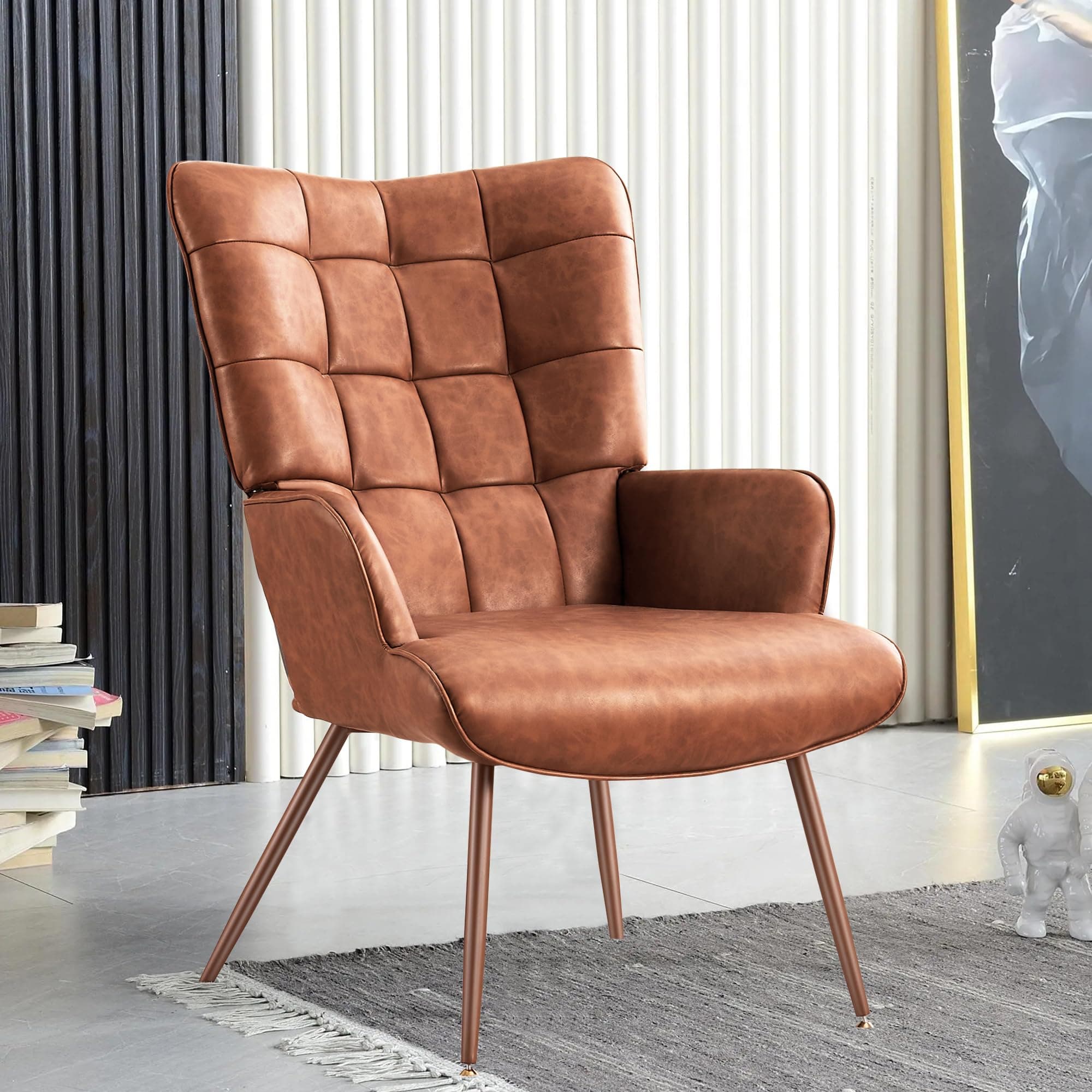 Kosydown Basic Leather Accent Chair, Brown Living Room Chair,High Back Accent Chair,PU Faux Leather Wingback Chair, Bedroom Chair