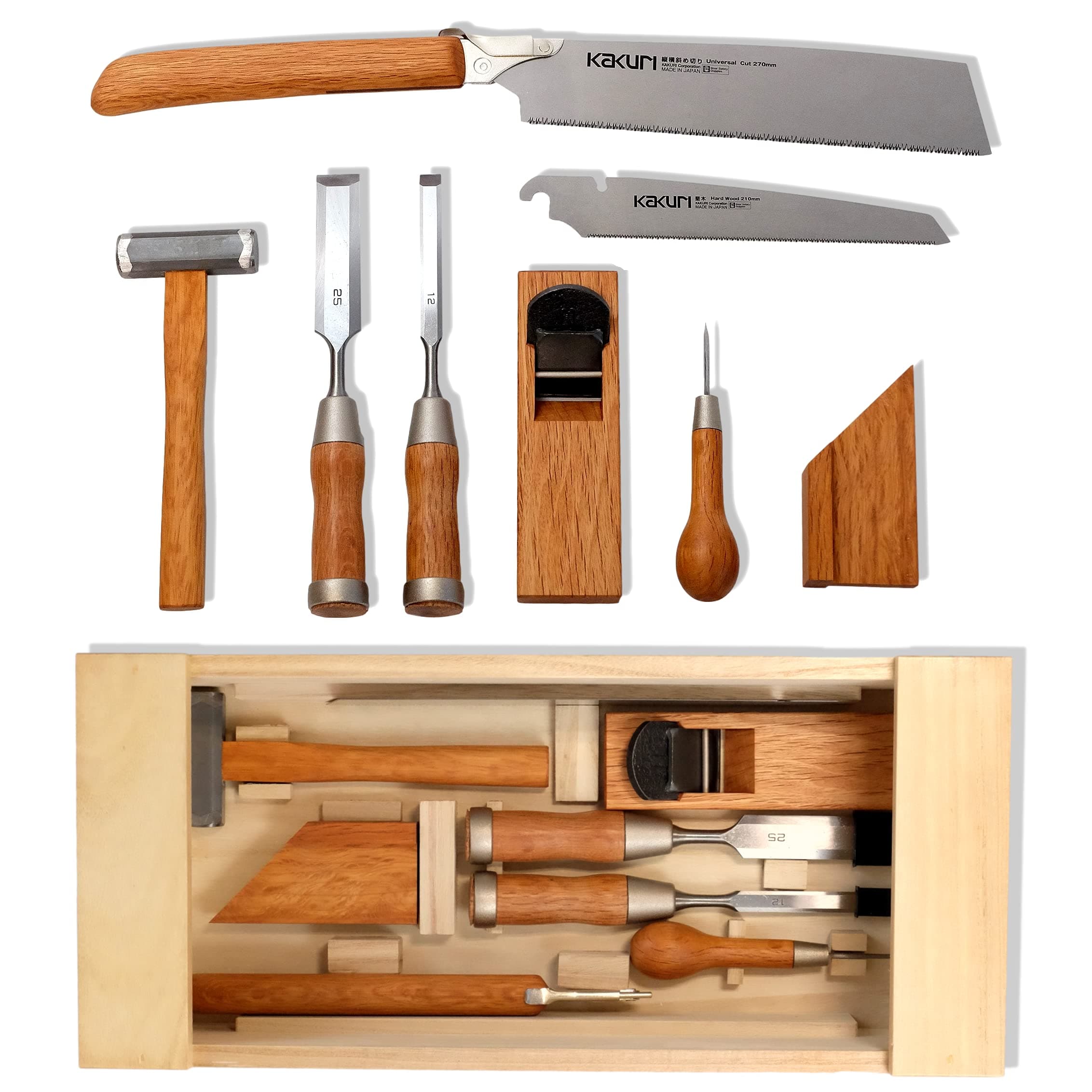 KAKURI Japanese Woodworking Tool Set, Professional Carpentry Tool Kit 8 Pcs (Japanese Pull Saws, Hammer, Chisels, Plane, Auger, Square), Japanese Red Oak, Made in JAPAN