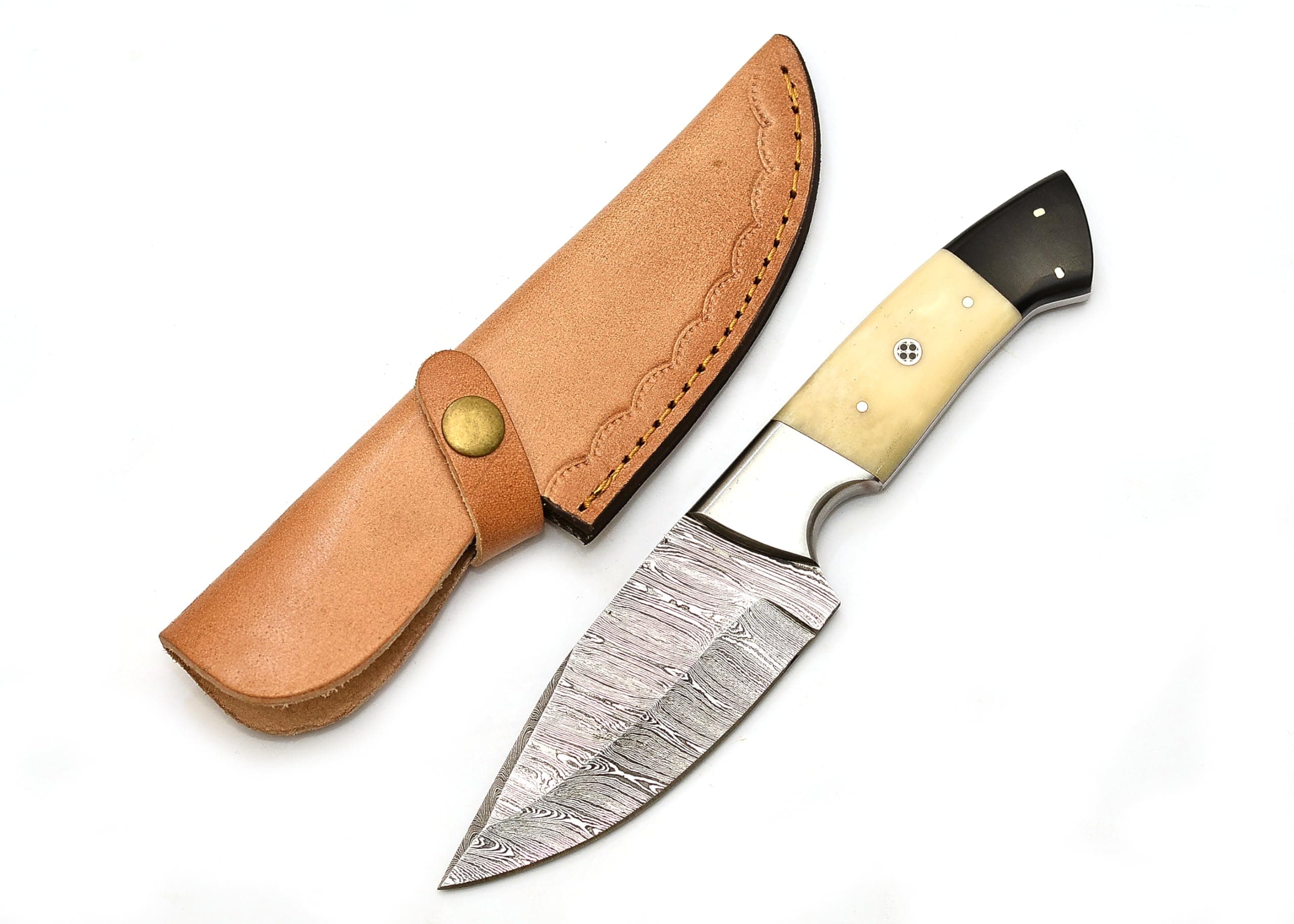 Handmade Damascus Camel Bone Hunting Knife,Fixed Blade full tang with Leather Belt Sheath gifts for men EDC, Skinning, Outdoor adventures. (Bone Damascus Knife), PCL-0078