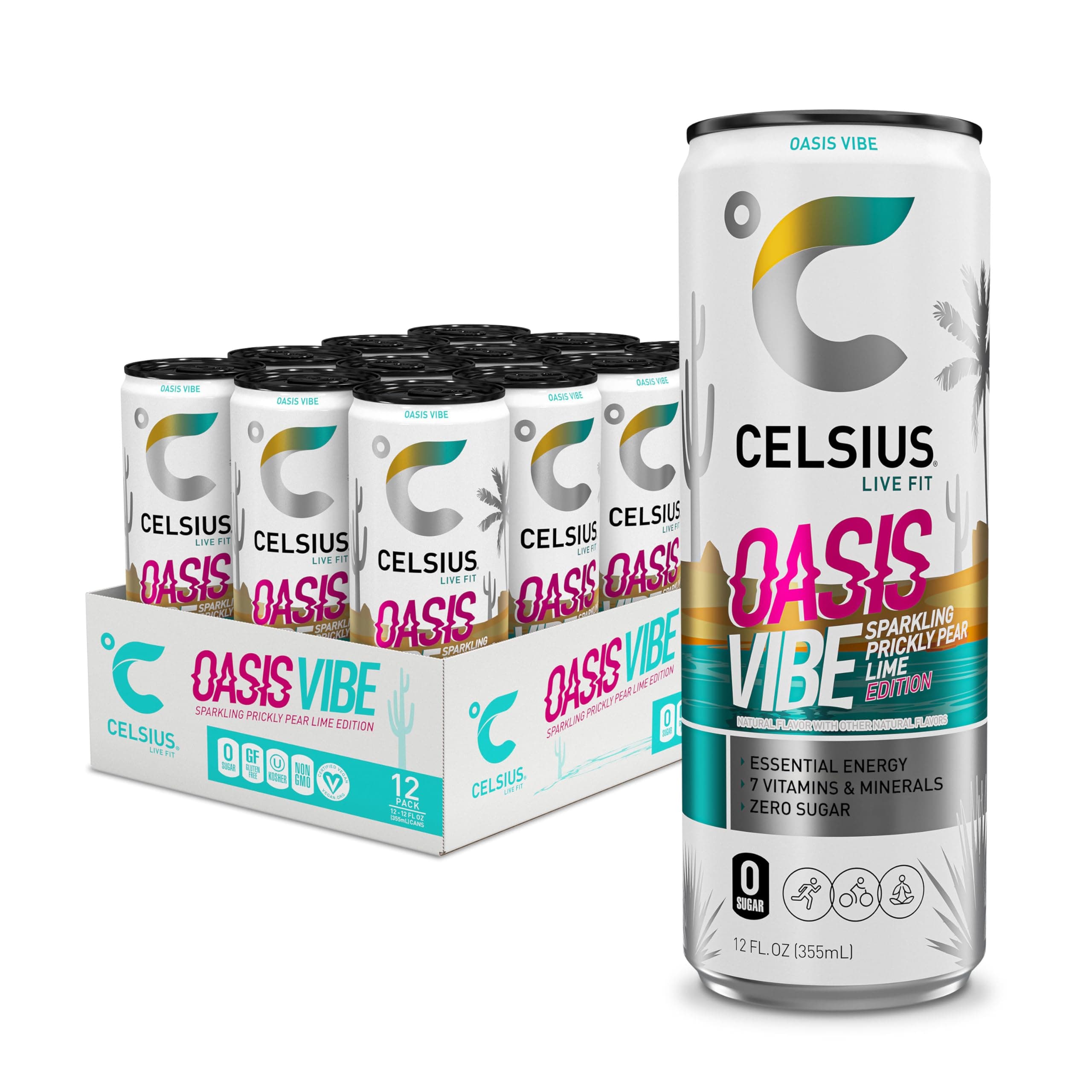 CELSIUS OASIS VIBE Sparkling Prickly Pear Lime, Sugar Free Energy Drink, 12 Fl Oz (Pack of 12)