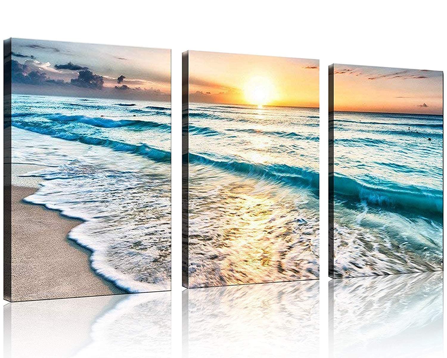 TutuBeer 3 Panel Canvas Wall Art for Home Decor Blue Sea Sunset White Beach Painting the Picture Print on Canvas Seascape the Pictures For Home Decor Decoration,Ready to Hang