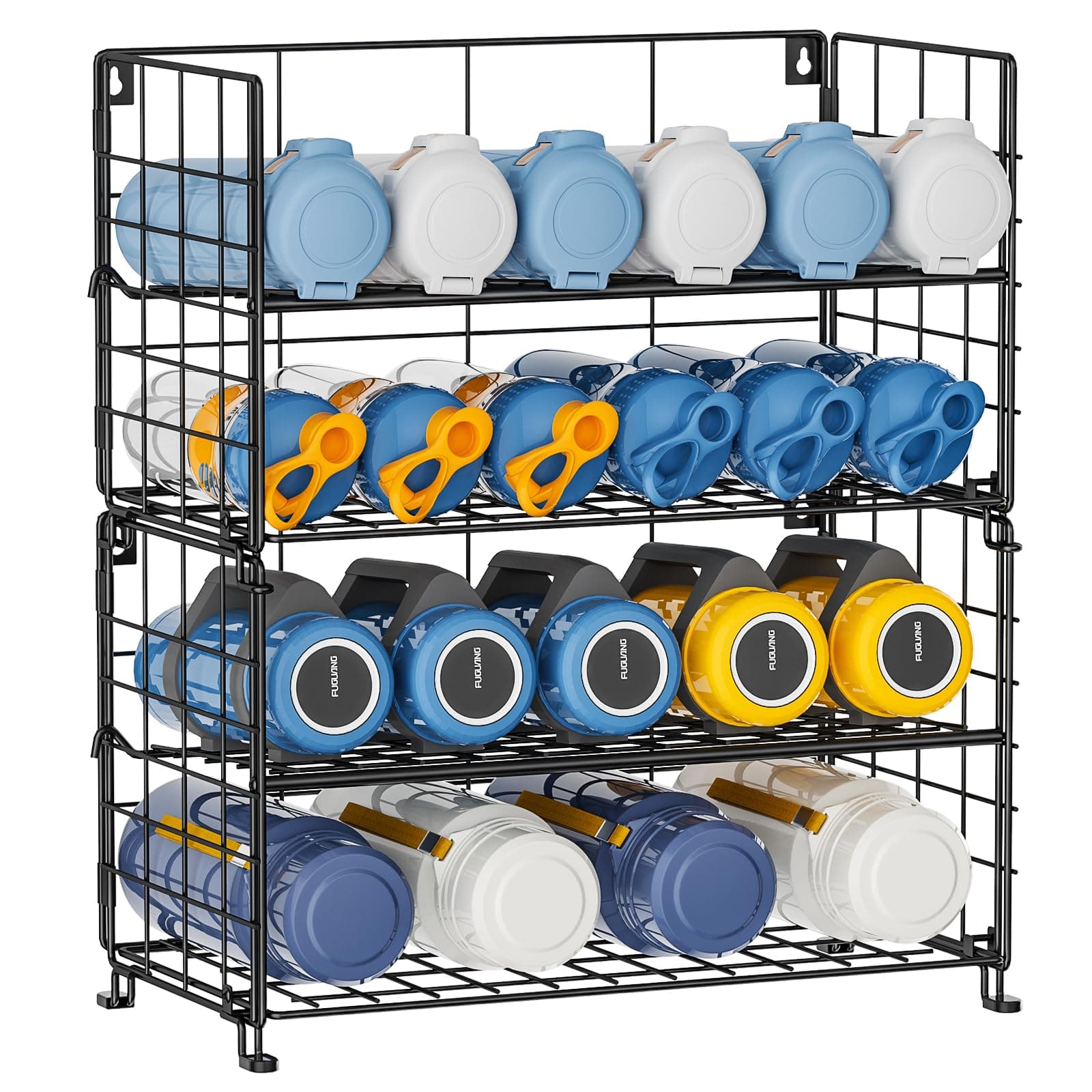 X-cosrack Adjustable Water Bottle Organizer, 4-Tier Wall-Mounted Bottle Holder, Stackable Storage Rack for Kitchen Countertops, Pantry, Cabinet