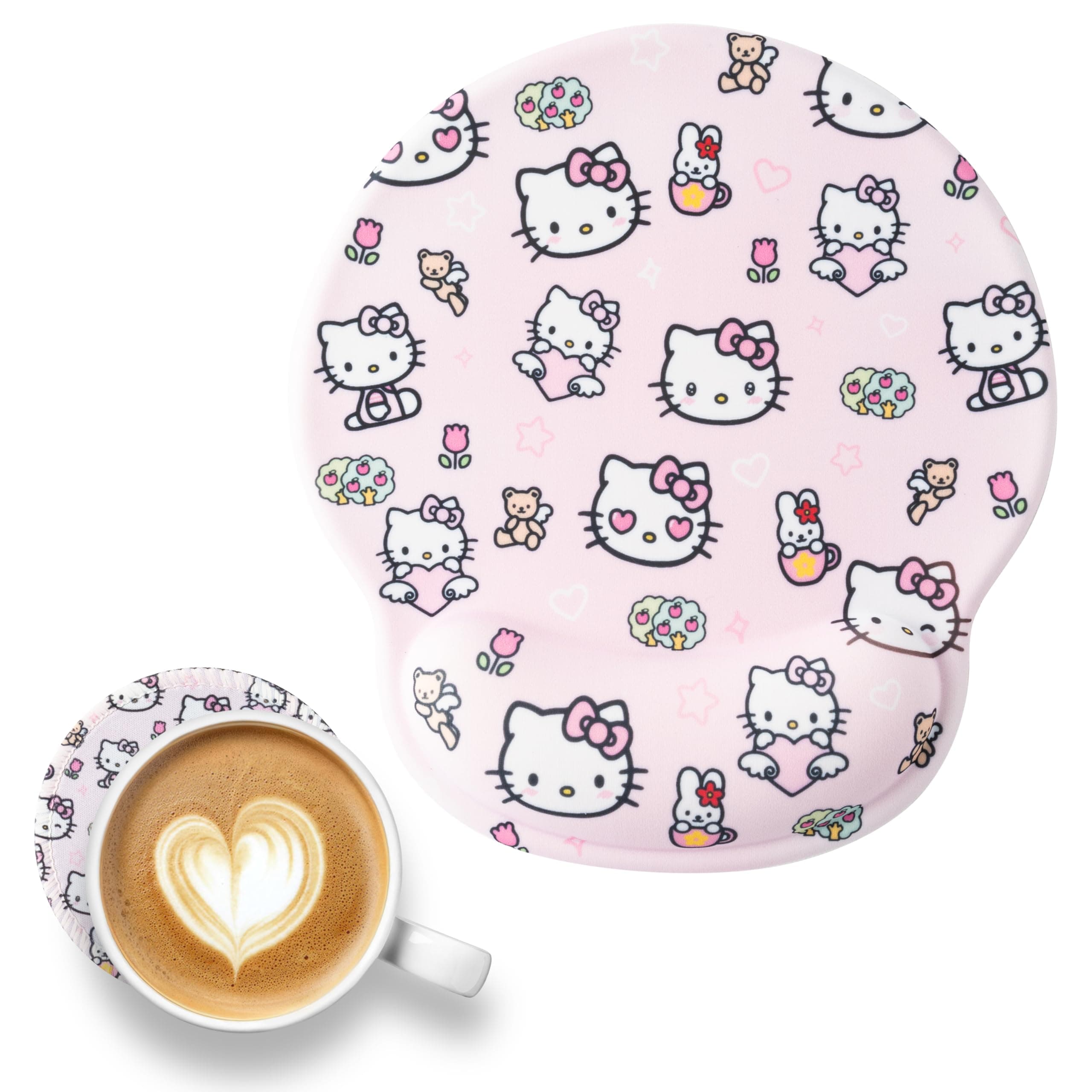 Cartoon Kitty Ergonomic Mouse Pad with Gel Wrist Rest Support Cute Kawaii Anime Non-Slip PU Base Mousepad with Coaster Office Home Working Pain Relief Laptop Computer Desk Accessories for Women Girls