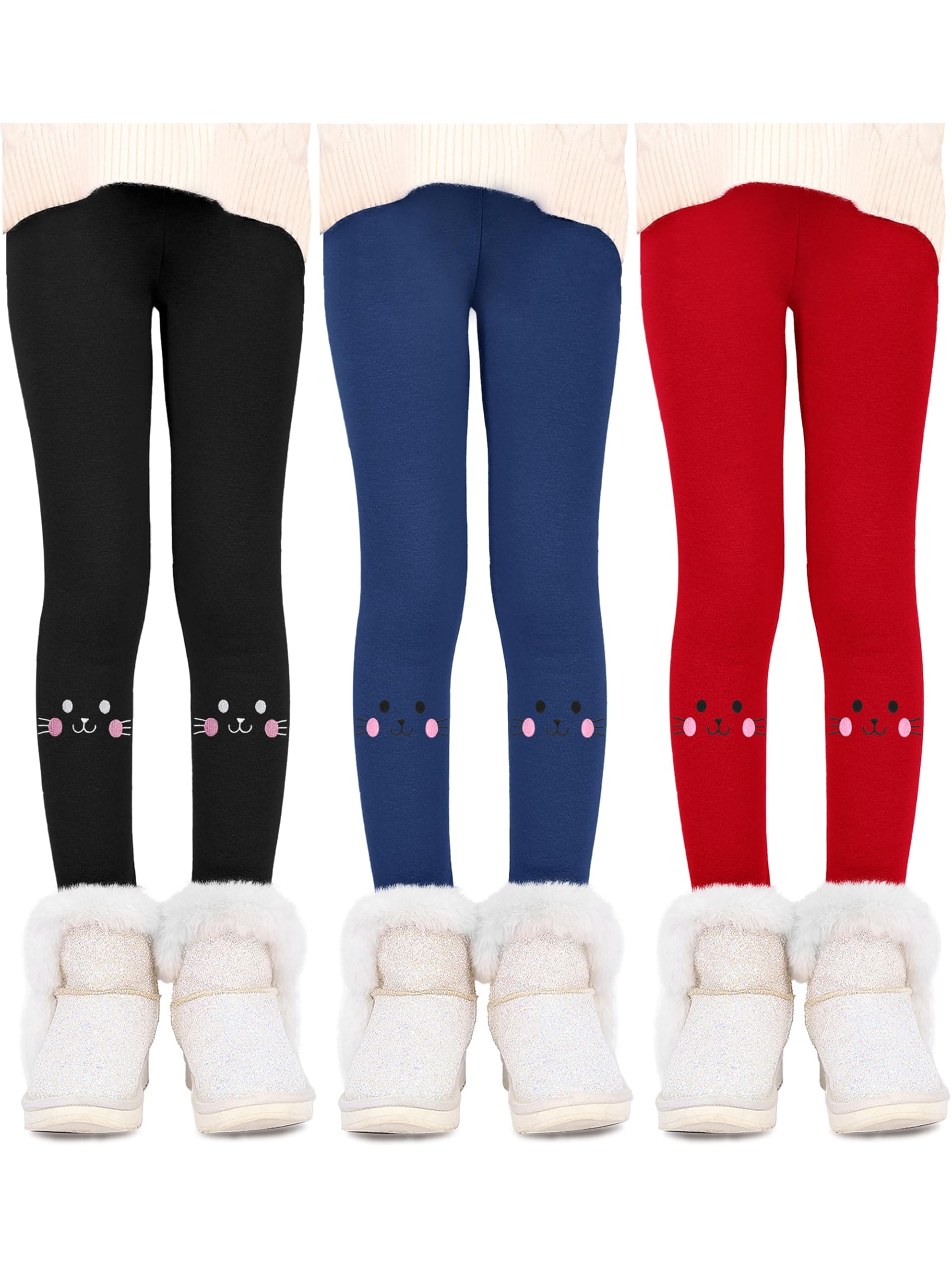 Resinta3 Pack Girls Fleece Lined Leggings Kitty Pattern Thick Pants Footless Velvet Tights Warm Clothes for Kid