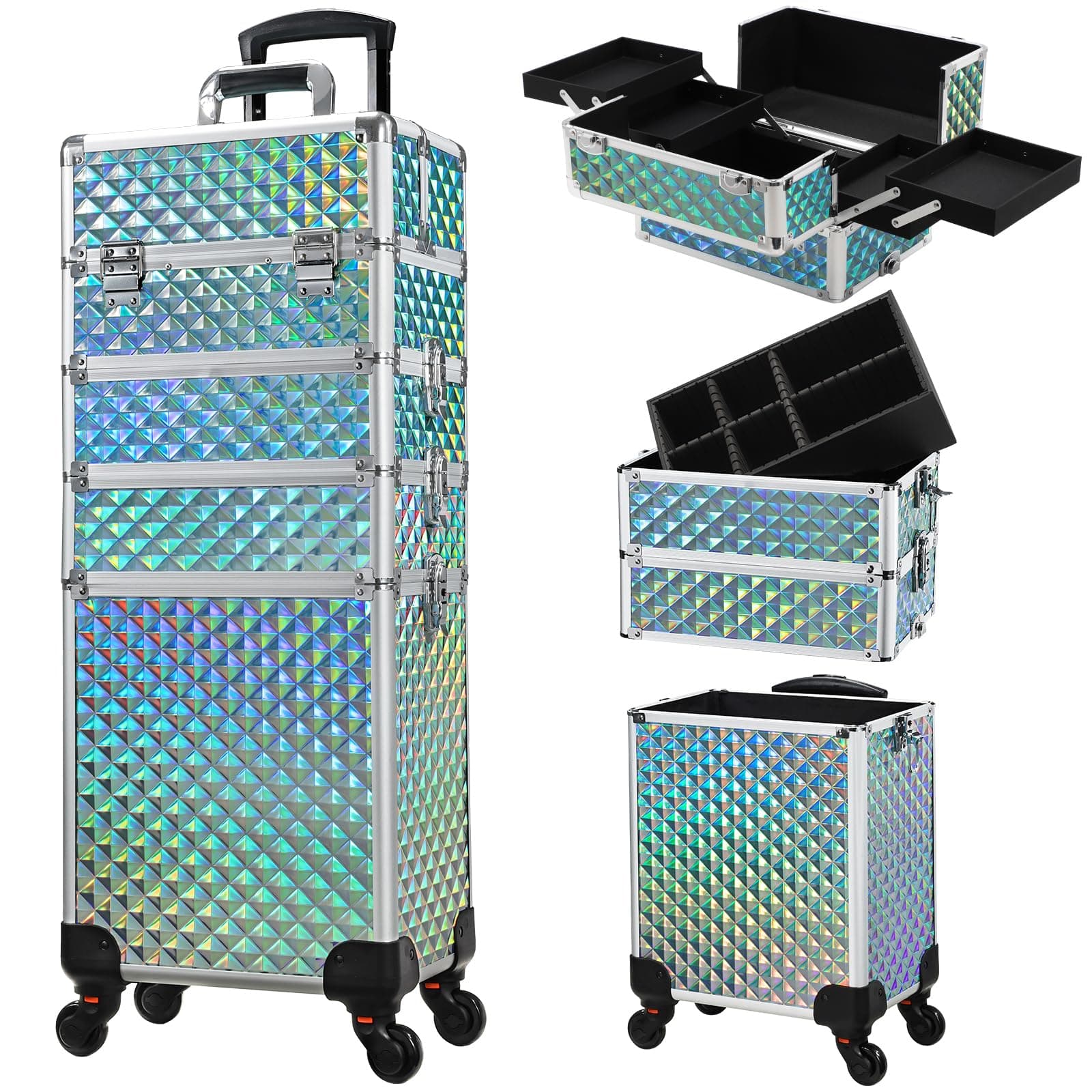 Stagiant Rolling Makeup Case Cosmetology Case on Wheels 4 in 1 Makeup Travel Case Large Cosmetic Organizer Storage with Key Swivel Wheels Nail Artist Salon Traveling Cart Trunk Watery Blue