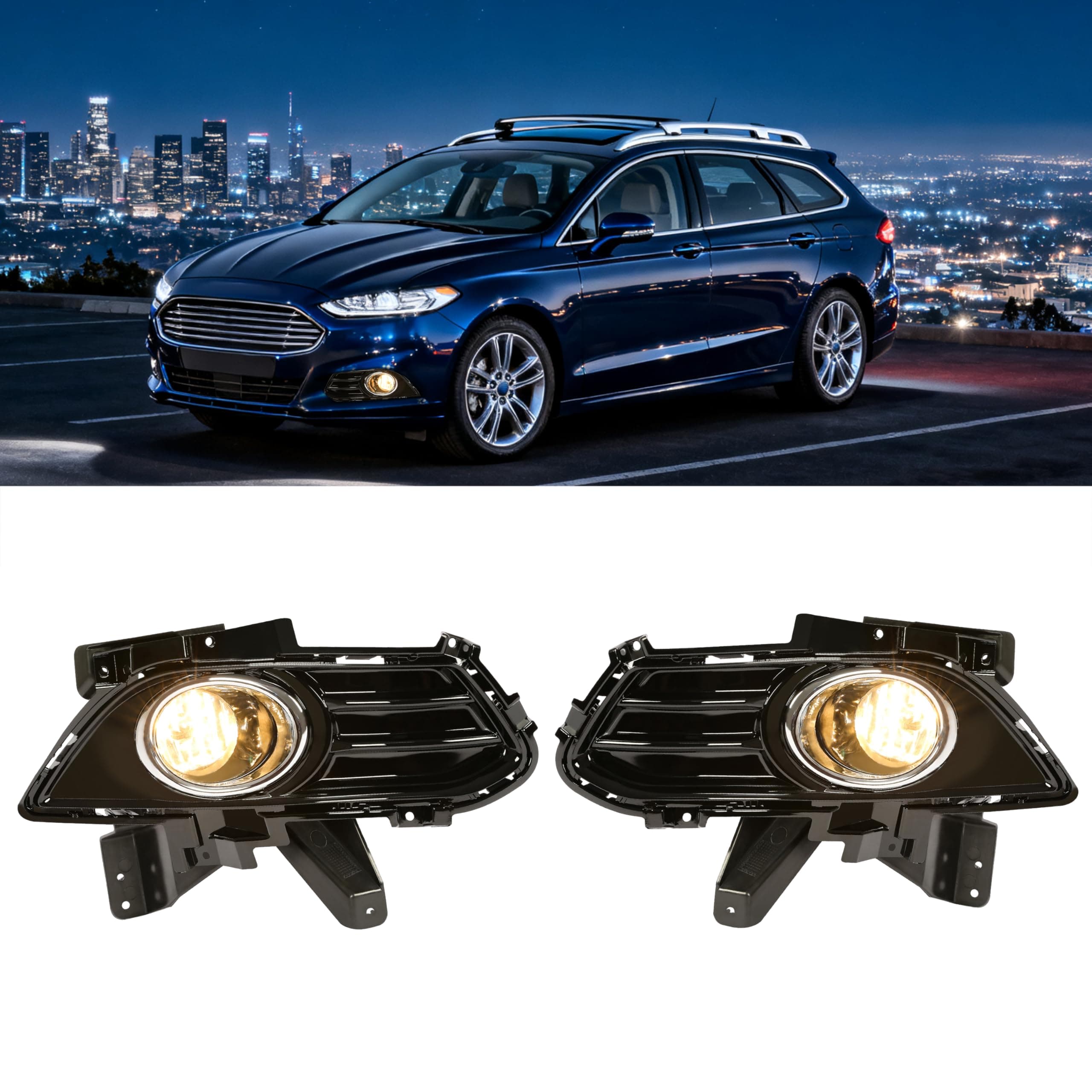 ECOTRIC Front Bumper Driving Fog Light Compatible with 2013-2016 Ford Fusion Fog Lamp w/Bulbs & Surrounds & Brackets Left & Right Side Replacement for FO1039132 FO1038132