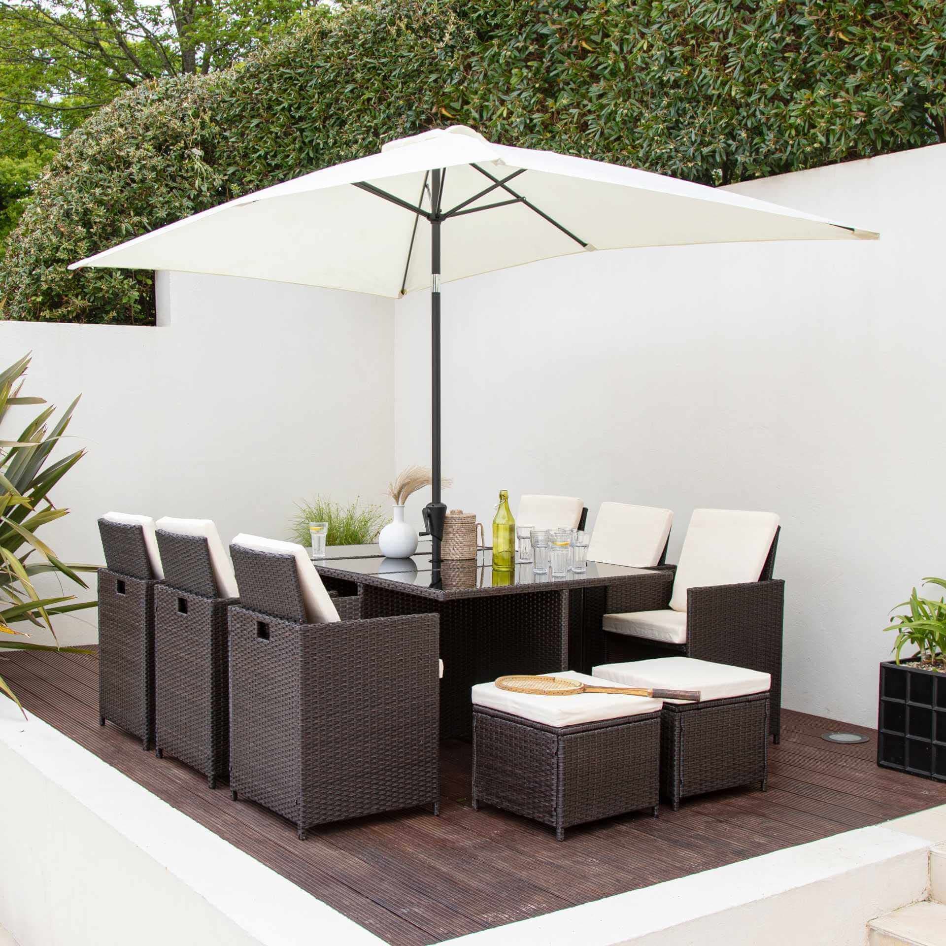 Bella Life 11 Piece / 10 Seater | PE Rattan Cube Table, Chair, Stool Dining Set | Garden Furniture (with Parasol, BROWN RATTAN WEAVE)