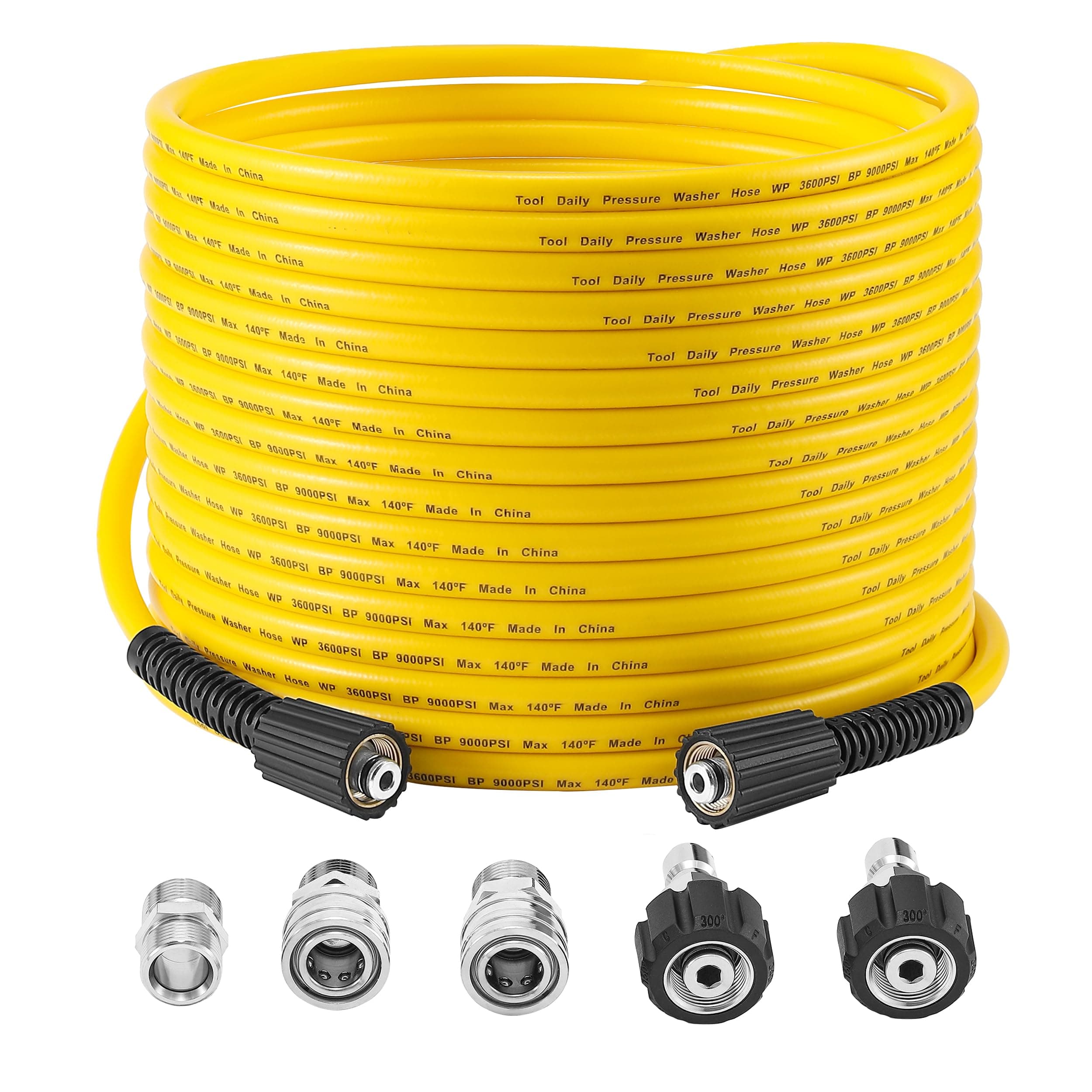 Tool Daily Pressure Washer Hose 50 FT X 1/4", Power Washer Replacement Extension Hose with M22 14mm Fitting, Kink Resistant,3/8" Quick Connect Kit For Gas & Electric Pressure Washer, 3600 PSI