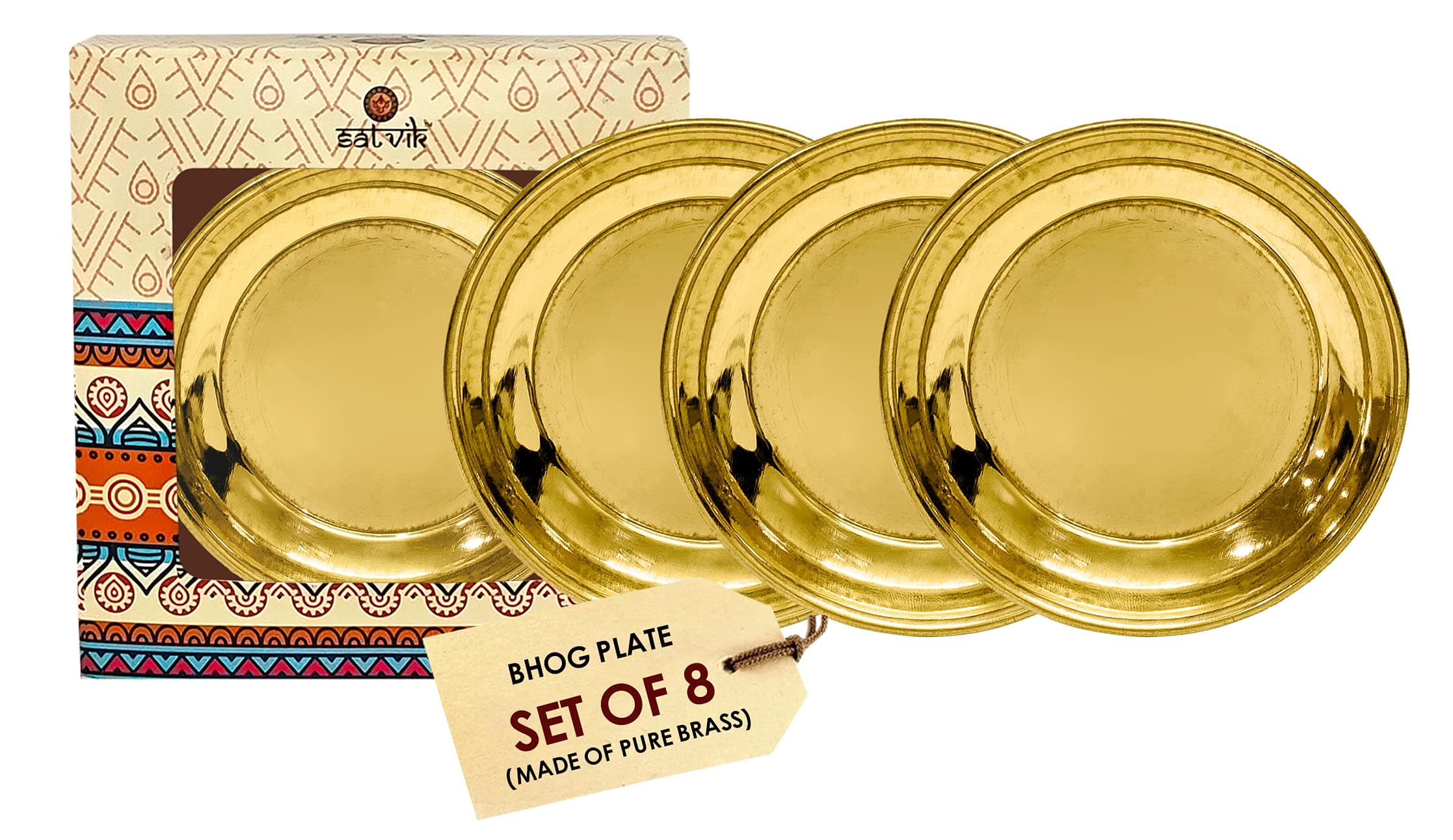 Craftsman SATVIK Set of 8 Pc Pure Brass Pujan Prasad Bhog Thali Mandir Temple Indian Hindu Rituals Diwali Festive Kahnaji Bhog Puja Plate