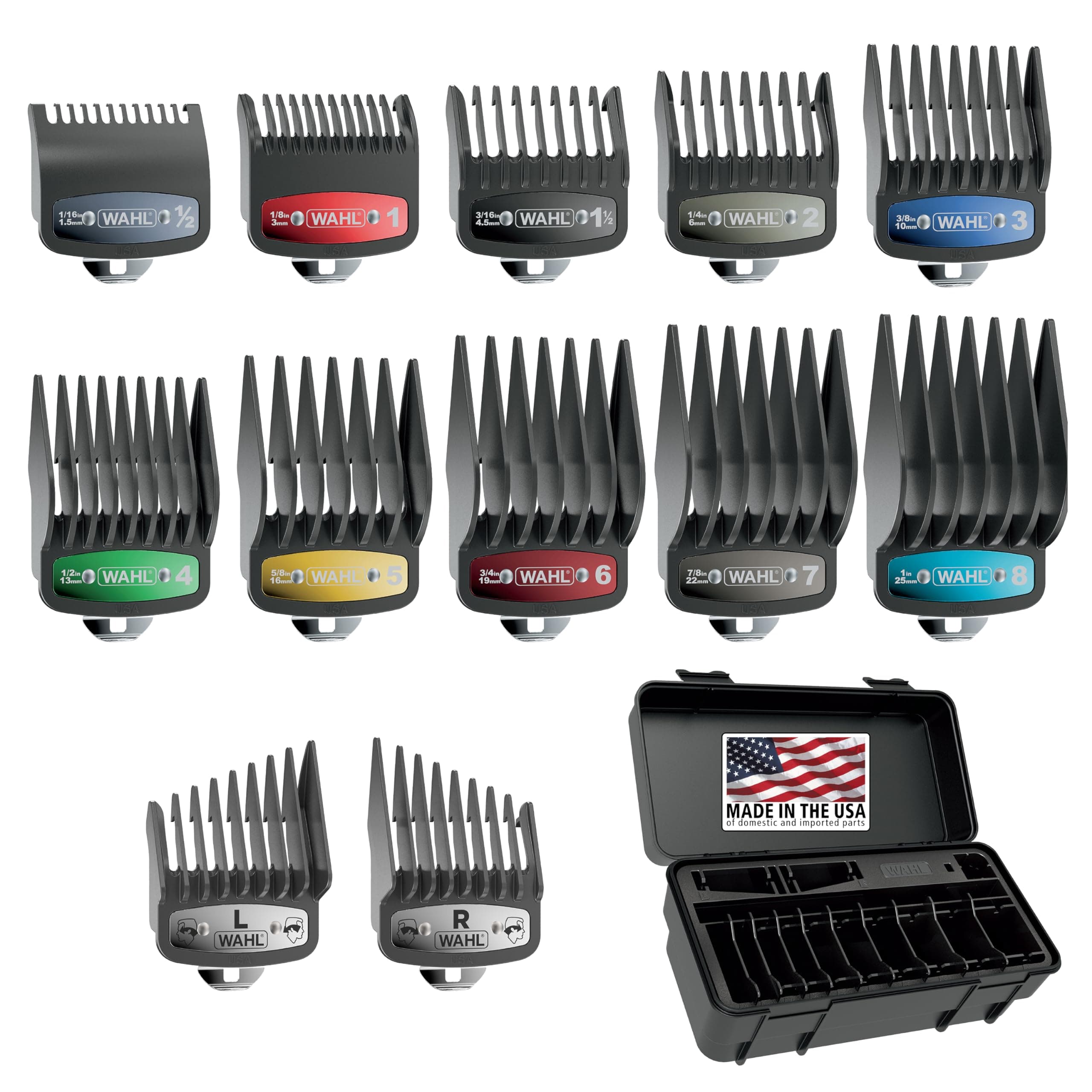 Genuine Elite Guide Comb Set with Colored Metal Clips and Hair Clipper Guard Organization Caddy, 12 Full Size Attachment Guards from 1/16” to 1” for Increased Cutting Performance - 3291-300