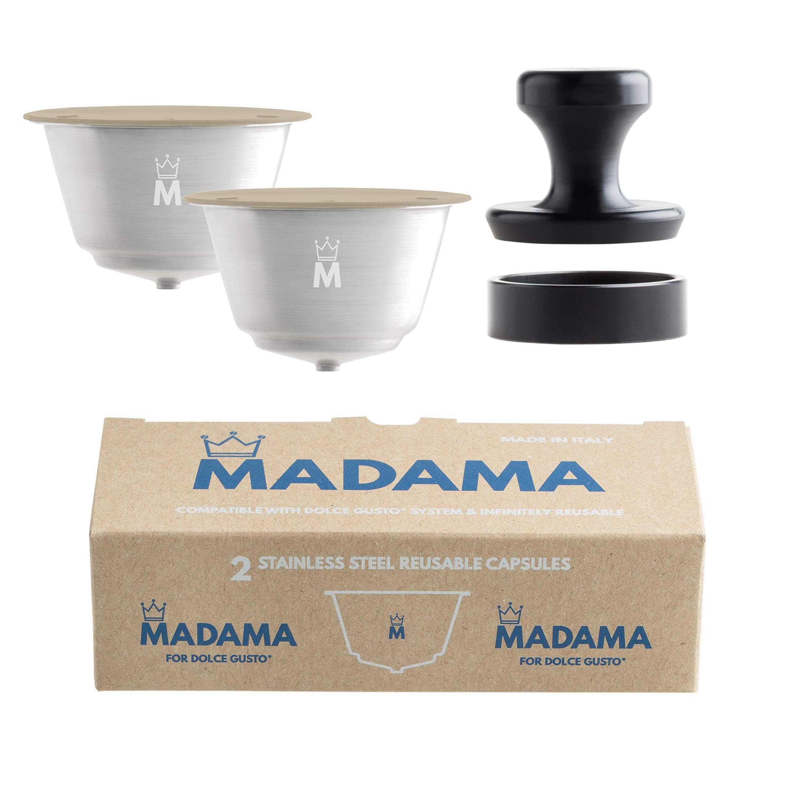 Madama - Refillable and Reusable Capsule Compatible with Dolce Gusto. Stainless Steel and Food-Grade Silicone. Pack of 2 Pods