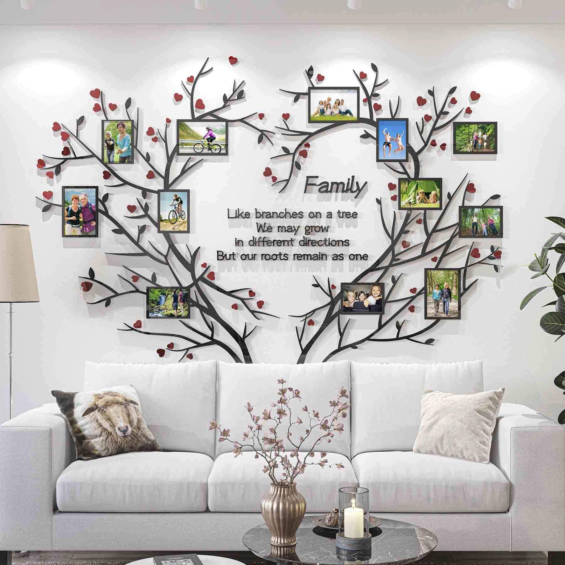 DecorSmart Love Family Tree Wall Decor Picture Frame Collage Removable 3D DIY Acrylic Wall Stickers for Living Room with Red Heart and Quote Family Like Branches on a Tree