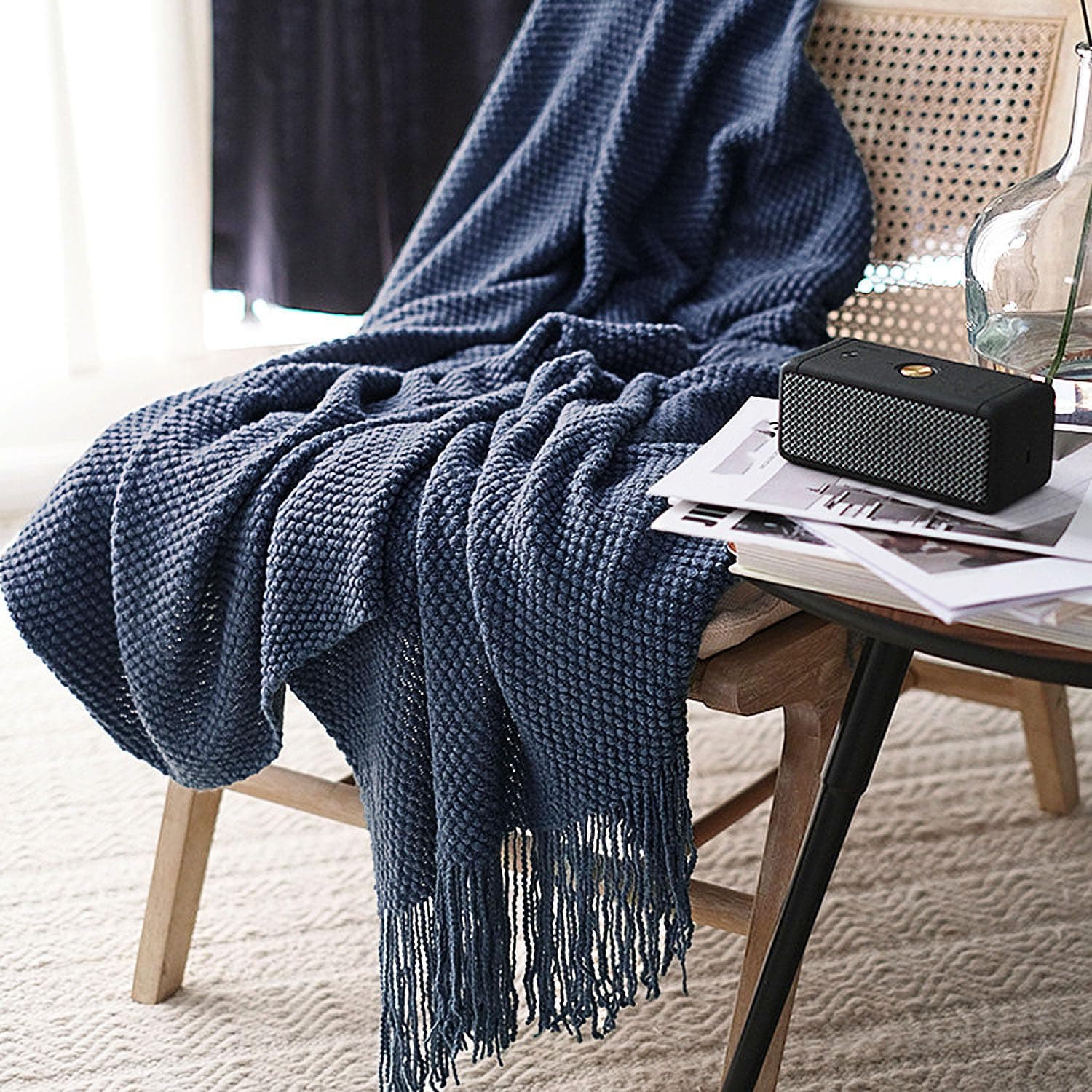 LOMAO Knitted Throw Blanket with Tassels Bubble Textured Lightweight Soft Throws for Couch Cover Home Decor (Navy, 50x60)