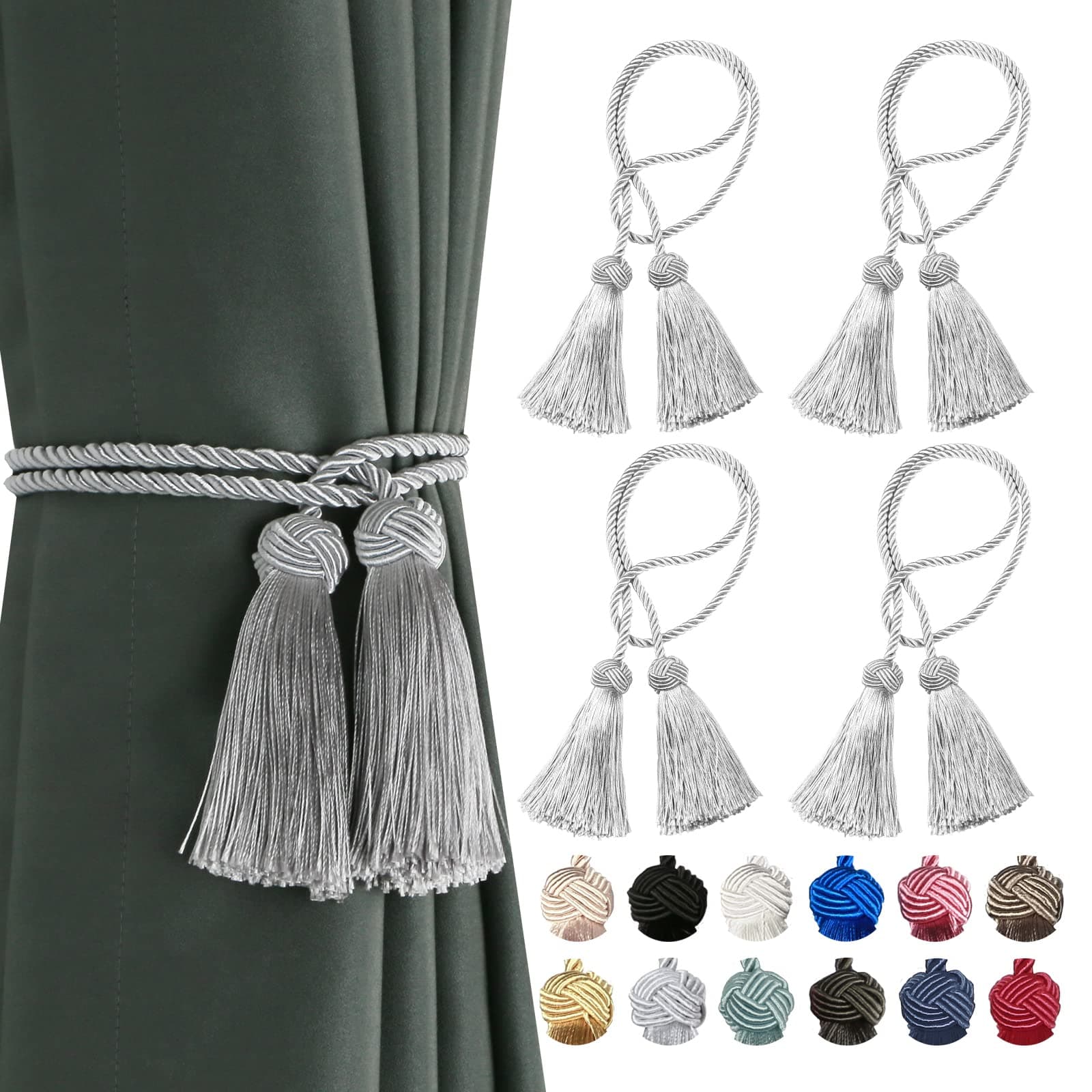 BEL AVENIR 4 Pack Curtain Handmade Tiebacks Decorative Curtain Holdbacks with Tassel (Silver, 4 Pack)