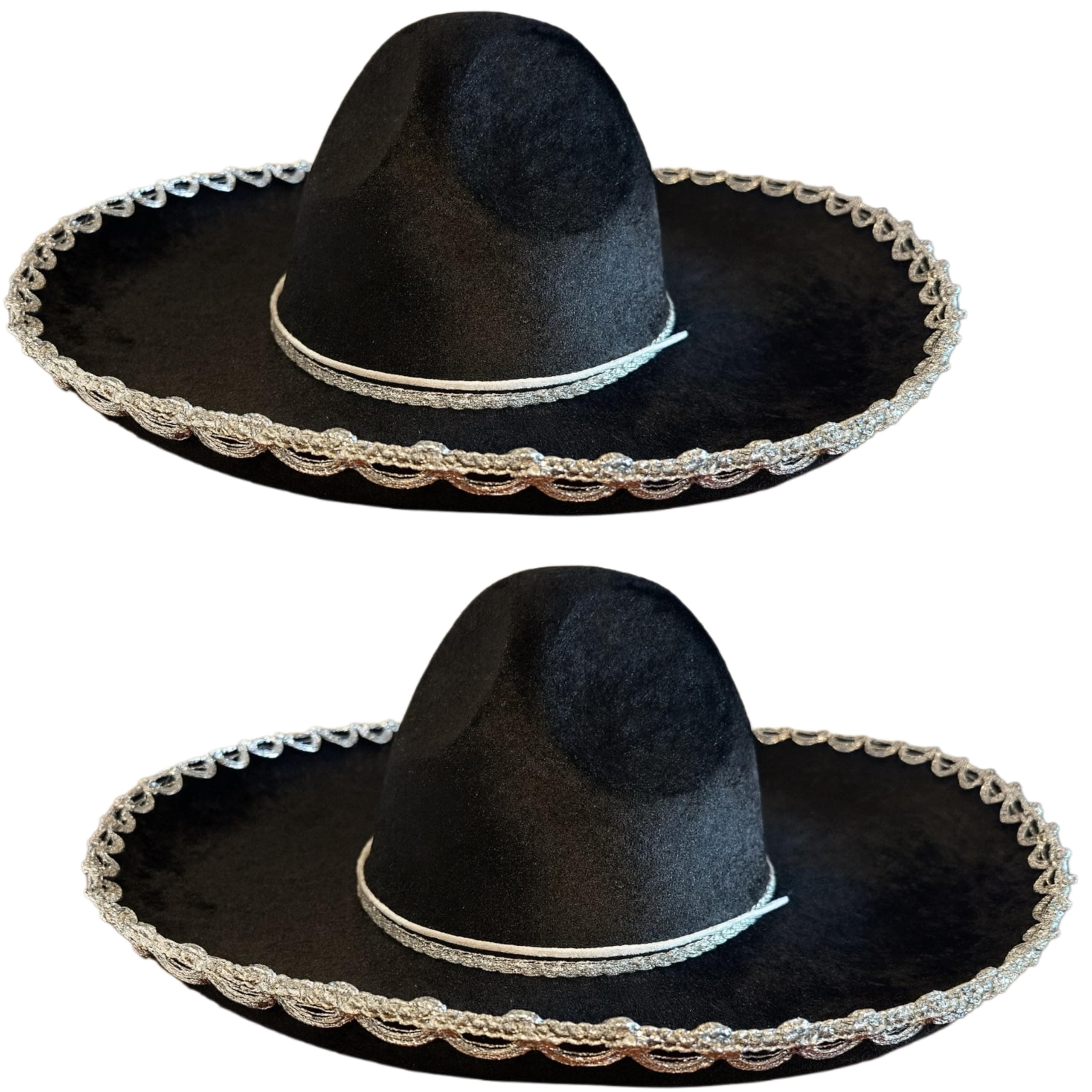 2 Pack Black Mariachi Sombrero Hat with Silver Trim, Sombrero for Cinco de Mayo, Halloween Costume, Mexican Fiesta Costume