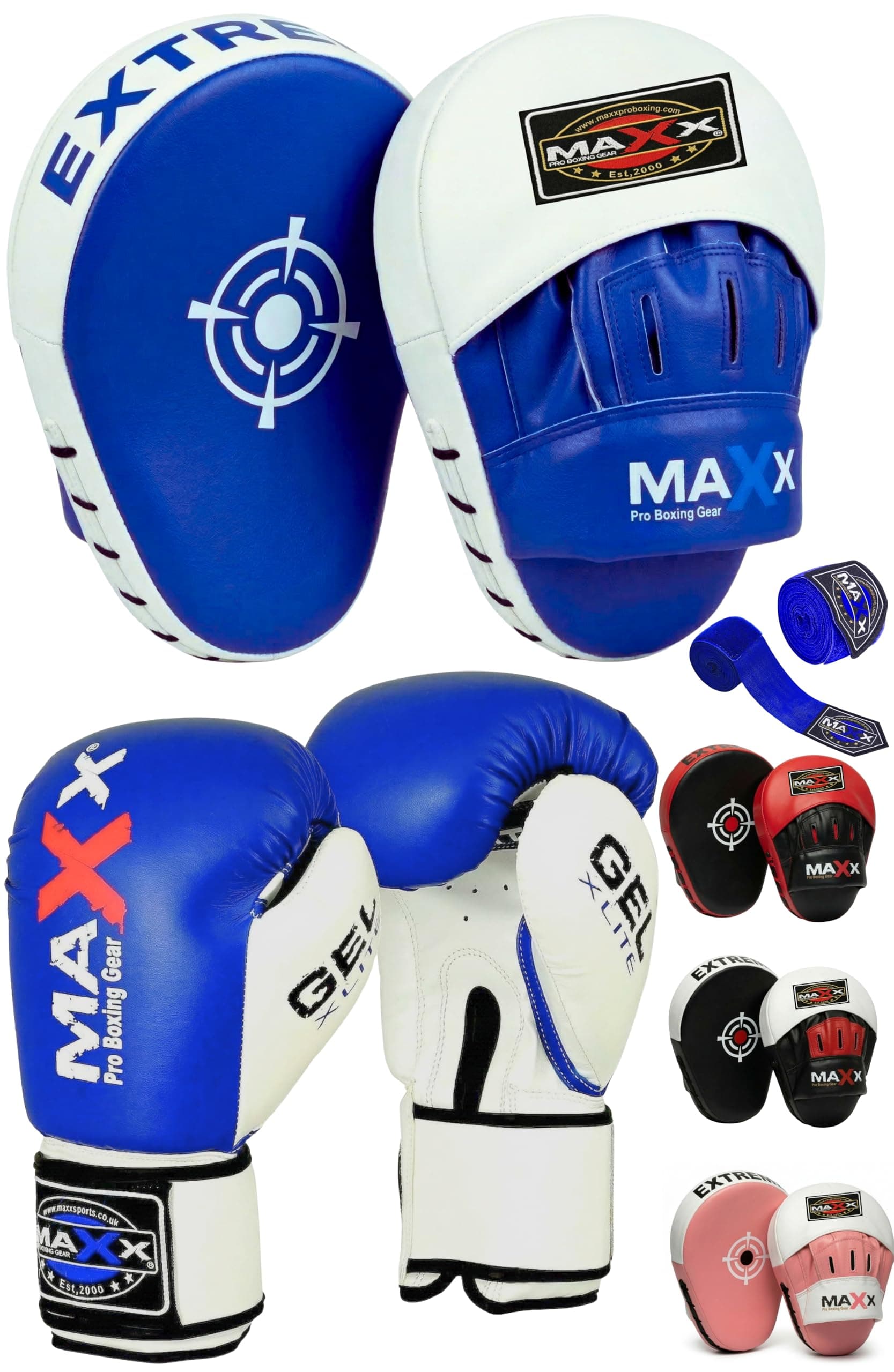 MAXX Focus Pads Set with Gloves – Rexion Leather Curved Punch Mitts for MMA, Boxing, Muay Thai, Karate & Kickboxing – Durable Hook & Jab Training Hand Pads – Blue/White