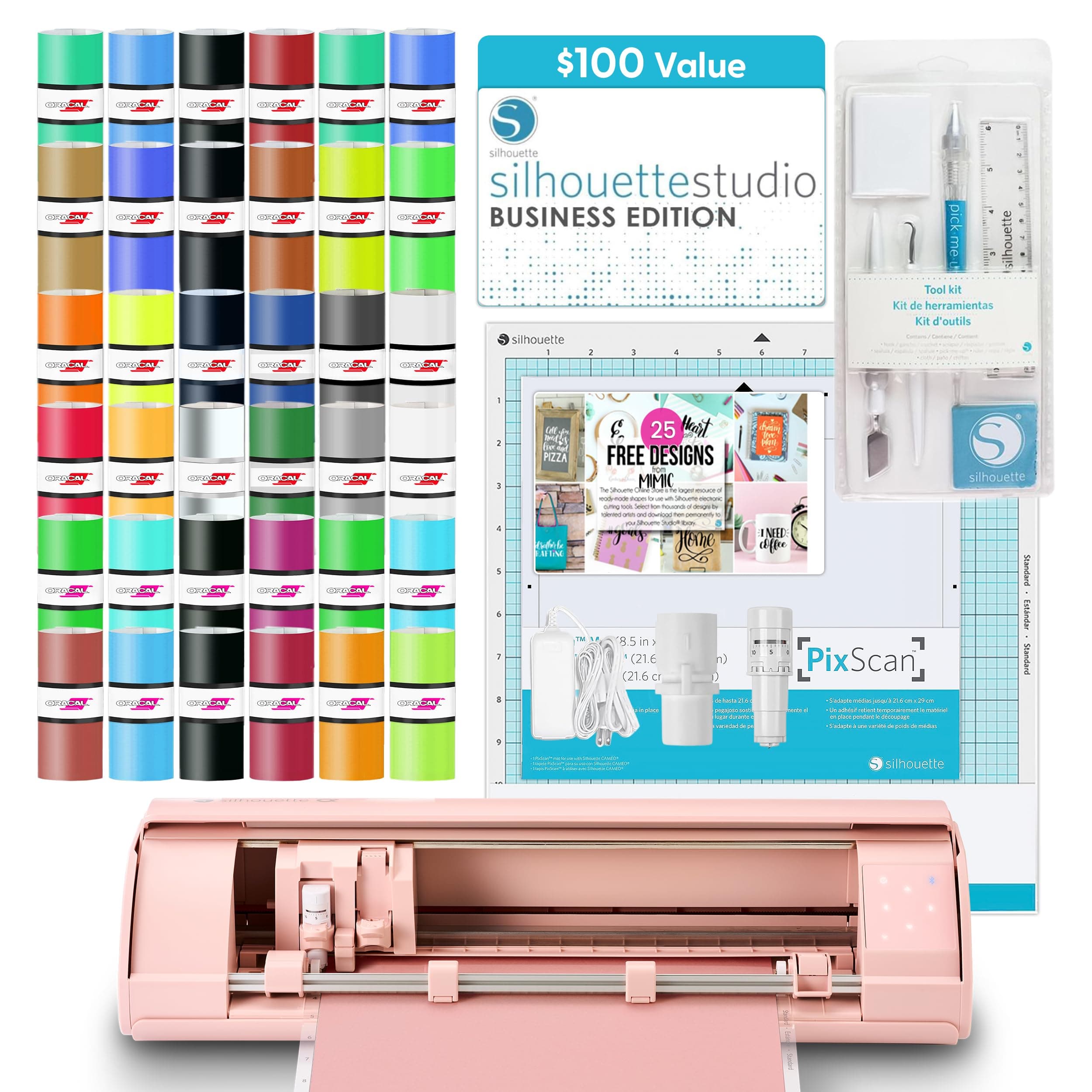 Cameo 5 Alpha (α) Smart Cutting Machine, Matte Pink (Deluxe Bundle) - Includes Business Edition Software, 36 Oracal Vinyl Sheets, PixScan Mat, Tool Kit & 25 Free Designs