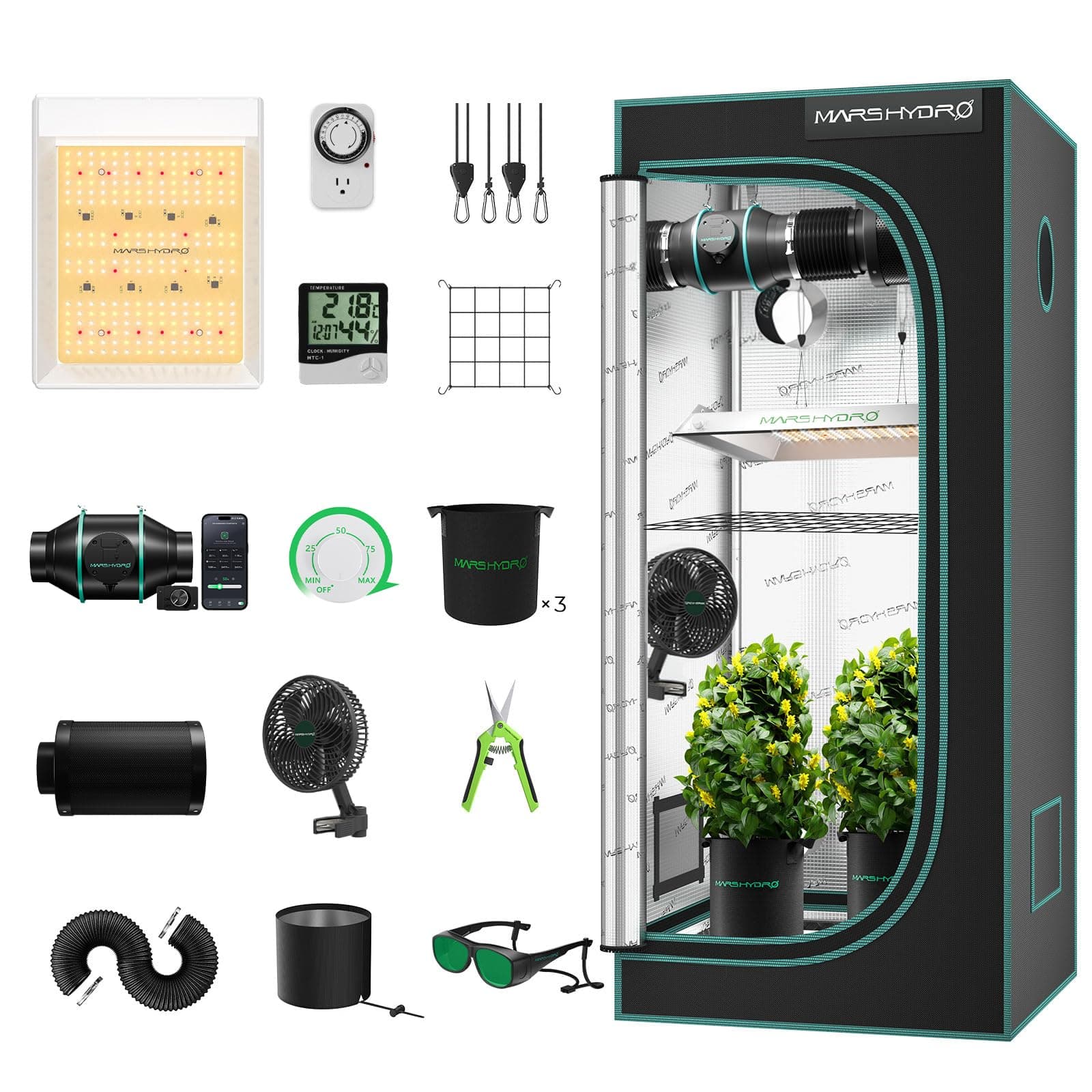 MARS HYDRO TS600W Grow Tent Kit Complete LED Grow Light 60x60x140cm Full Spectrum Indoor Grow Tent Kit Hydroponics Grow Tent 1680D Canvas with 10cm Ventilation Kit for Grow Setup Kit Grow House