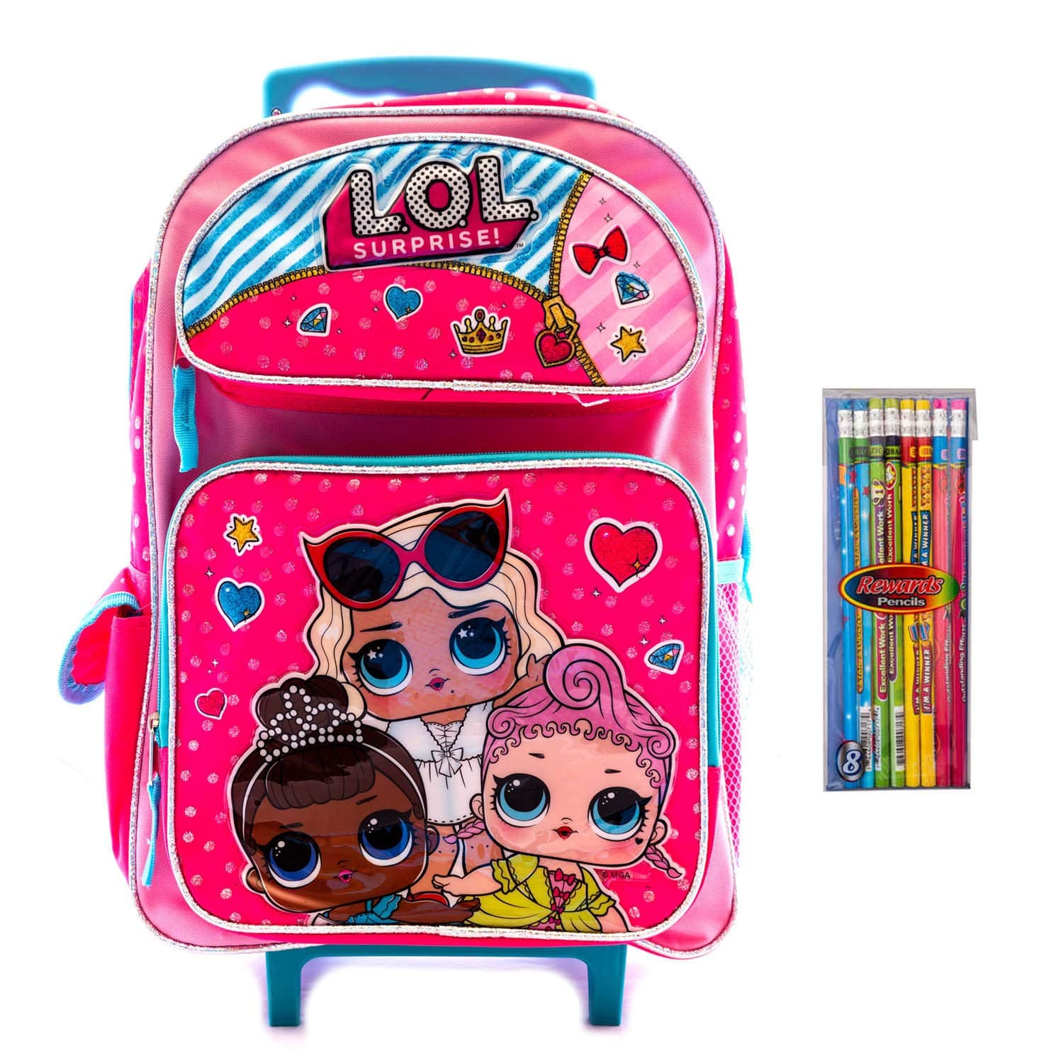 L.O.L Surprise! Backpack Rolling Book Bag Travel Bag Elementary 3 Girls with Heart! Series with Pencil