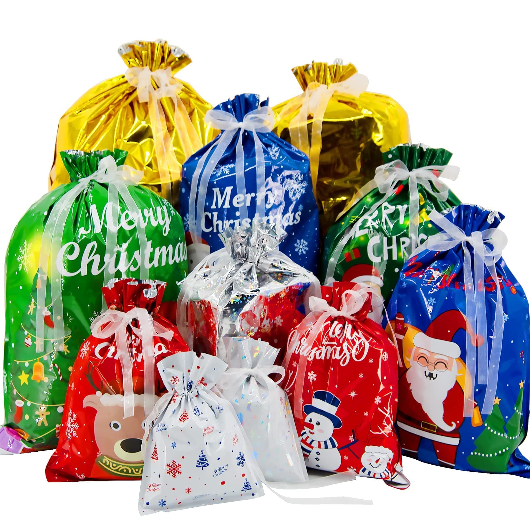 Chielor 42 Pcs Christmas Drawstring Gift Bags 10 Design and 5 Size Christmas Bags Wrapping Bags Christmas Goody Bags Treat Bag for Christmas Party