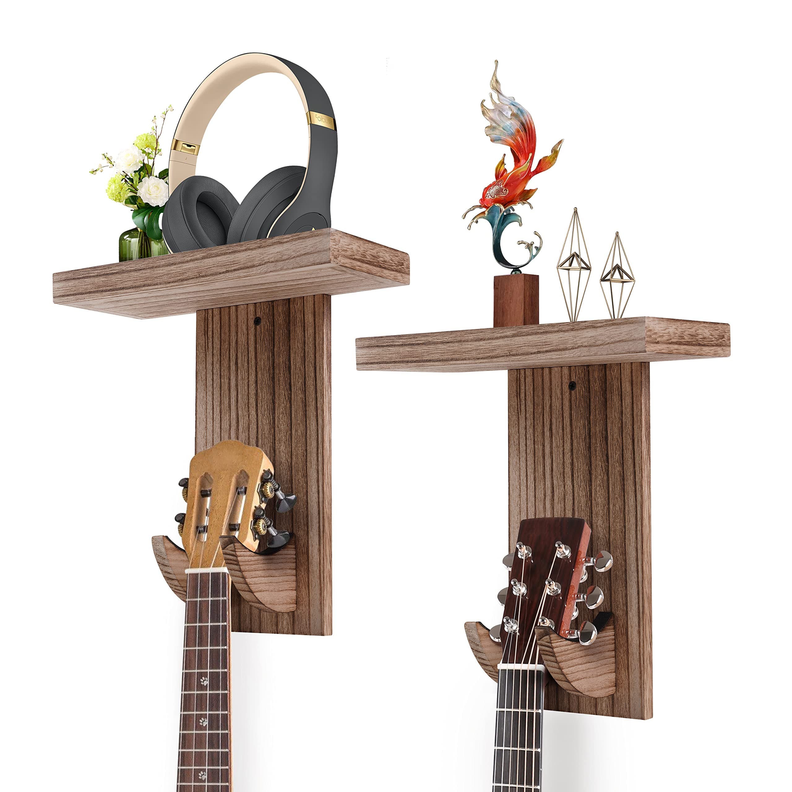 MuluckyGuitar Wall Mount, 2 Pack Guitar Wall Hanger Holder with Shelf for Banjo Violin Ukulele Acoustic or Electric Guitar