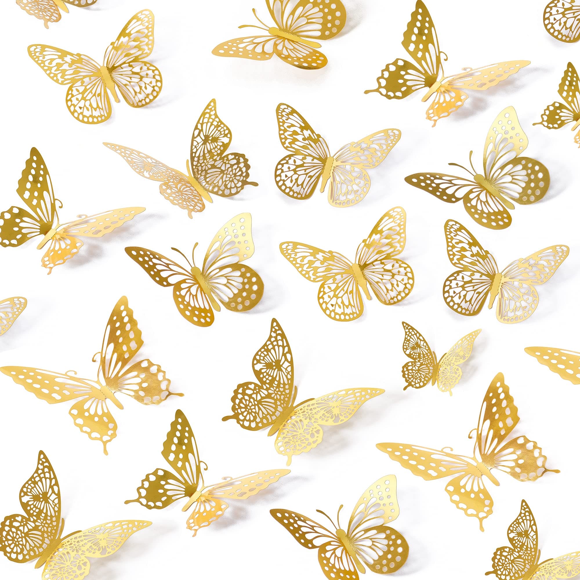 SAOROPEB Gold 3D Butterfly Wall Decor 48 Pcs 4 Styles 3 Sizes, Metallic Cardboard Wall Stickers for Butterfly Party Decorations, Removable Stickers