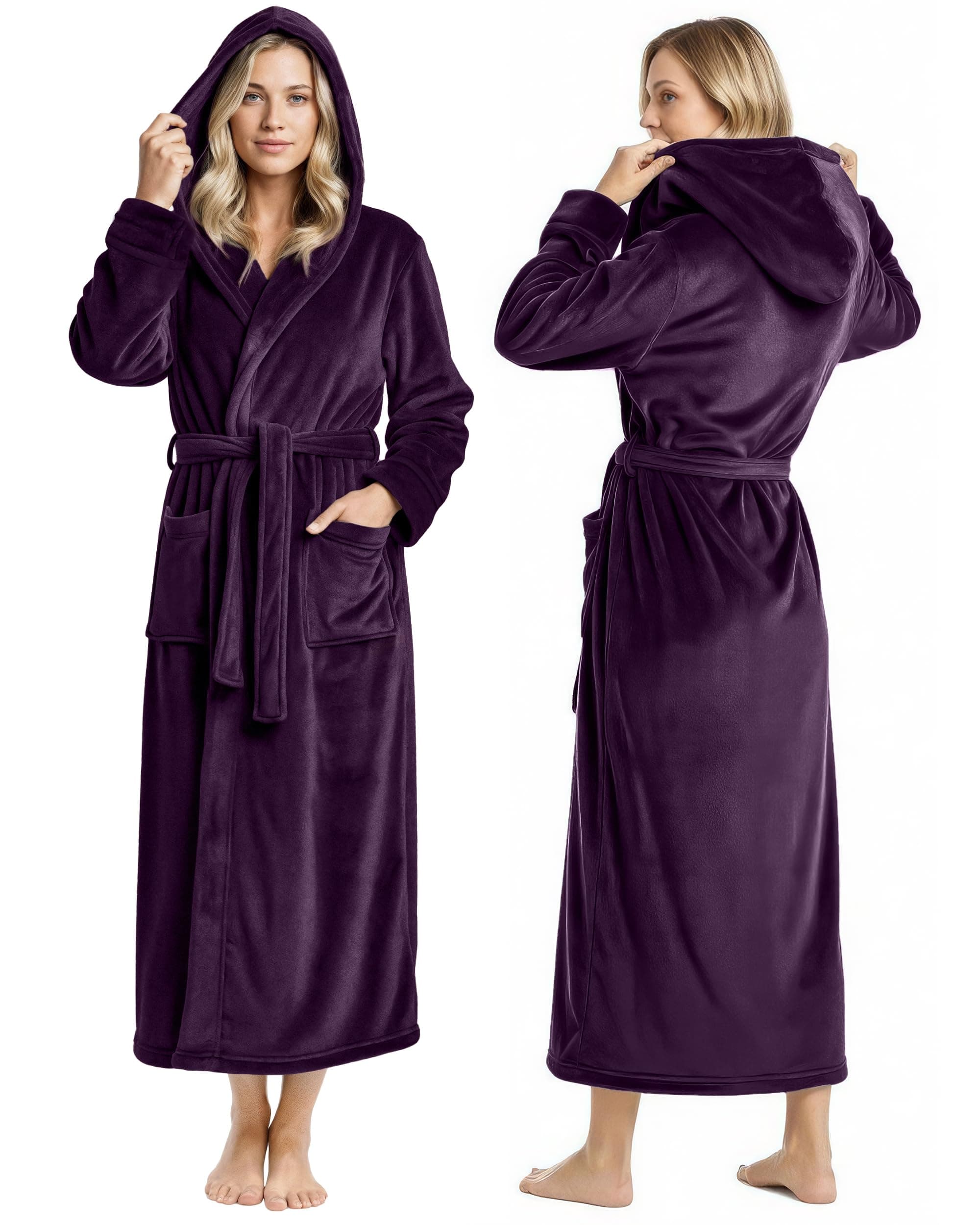 Women's Fleece Hooded Bathrobe Plush Long Spa Robe, Medium