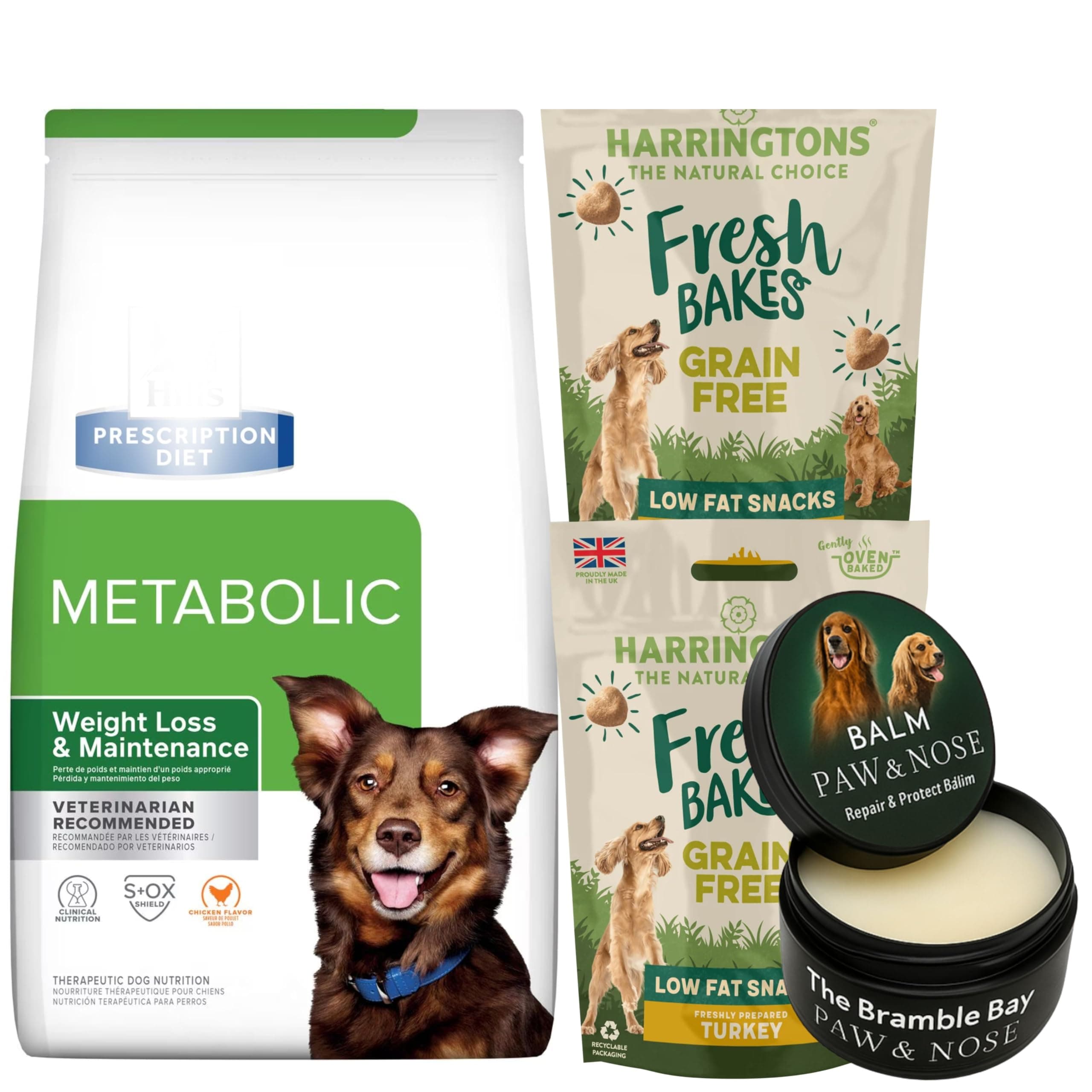 – Weight Control Dog Food Bundle includes Metabolic Dry 1.5kg, Low Fat Treats Pack of 2 x 100g, Nose and Paw Balm