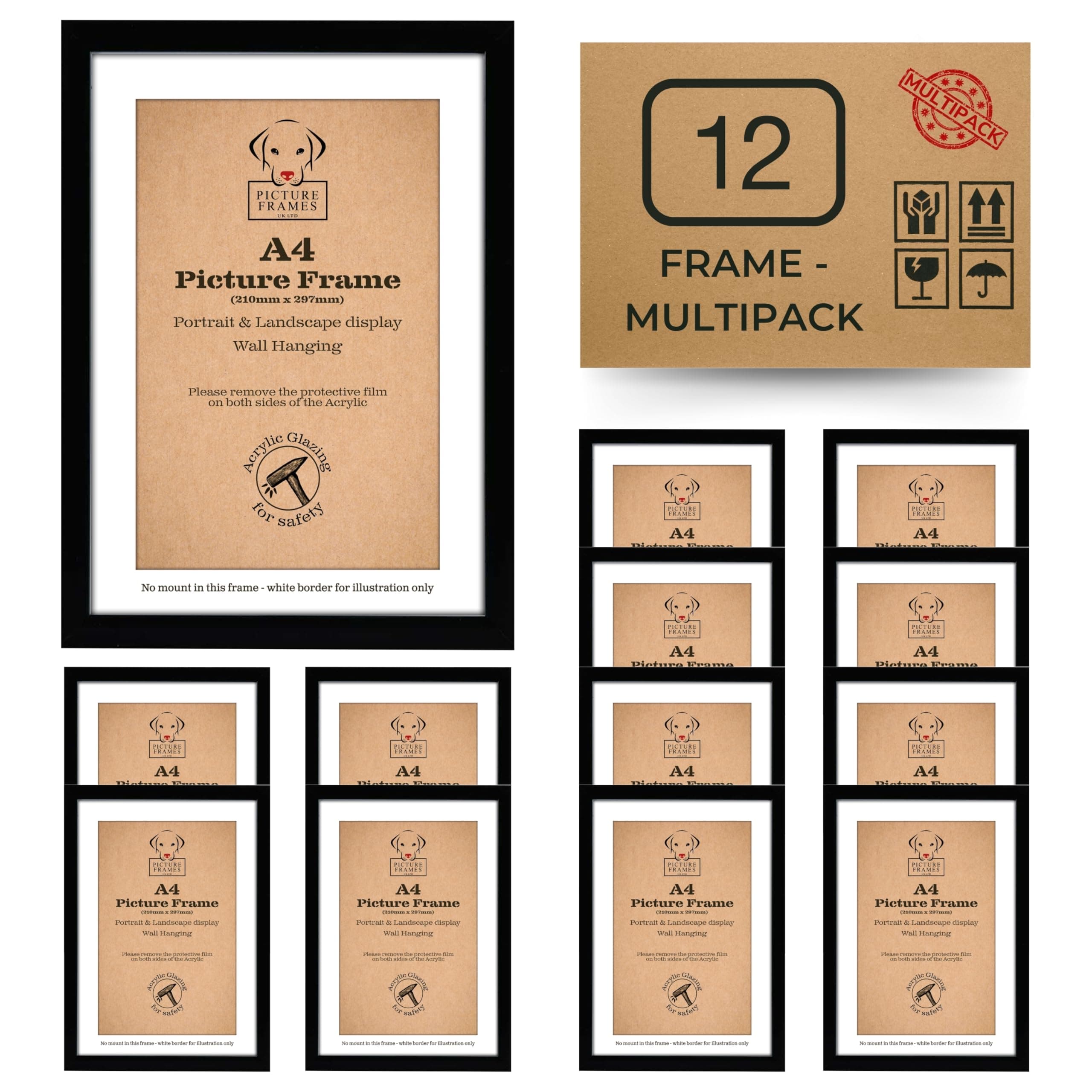 12 Pack A4 Black Picture Frames, Black A4 Frame, A4 Certificate Frames for Wall Hanging and Tabletop Display - 21 x 29.7cm Photo Frames