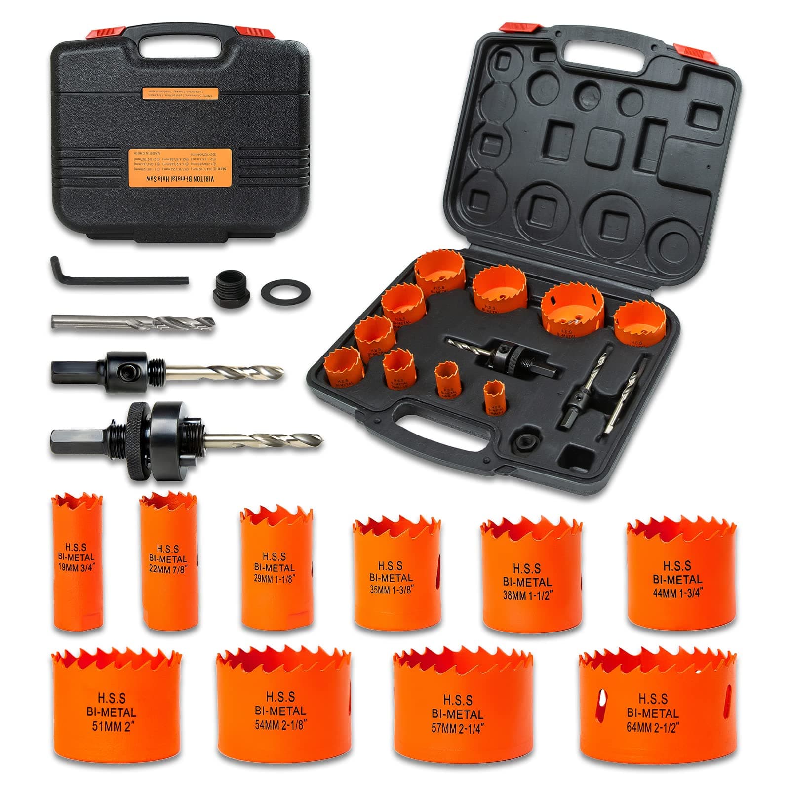 Hole Saw Kit Bi Metal with Case, General Purpose Size from 3/4'' to 2-1/2'', Hole Saw Set for Metal, Wood and Plastic, with Clean and Smooth Cutting Edge, Fast Chip Removal.