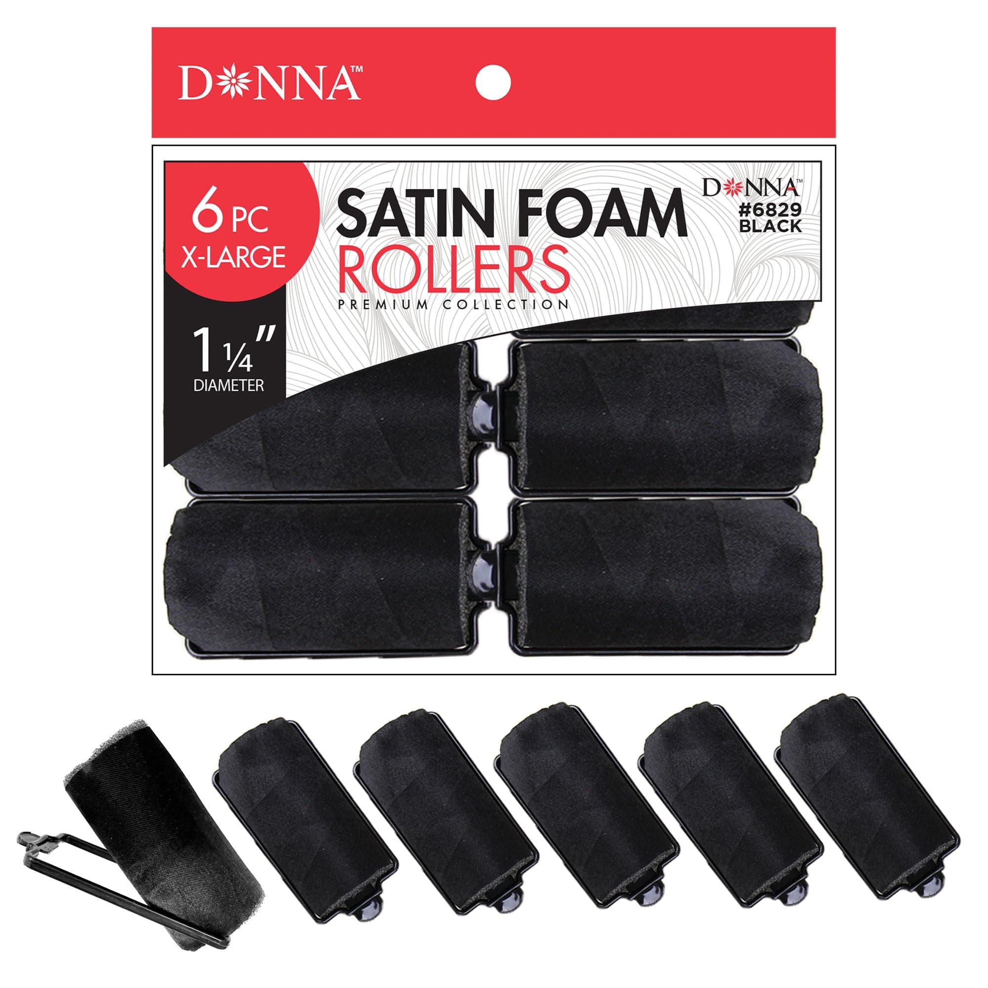 DONNA Silky Satin Foam Rollers 1.25"(D) 6PCS XL Hair Styling Heatless Curlers and Clips for Hairdressing BLACK