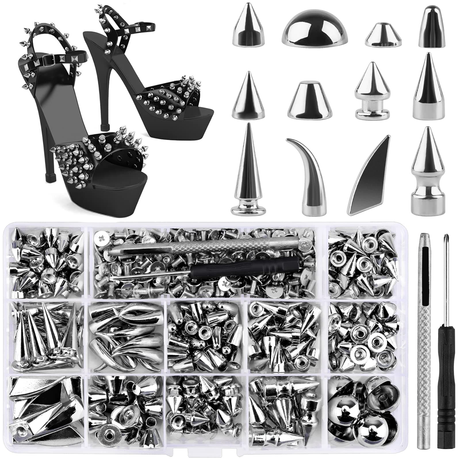 270 Sets Spikes and Studs, Kalolary Mixed Shape Punk Spike Rivets Silvery Metallic Cone Screw Back Studs with Install Tools for Leather Craft Clothing Shoes Belts Bags Dog Collars