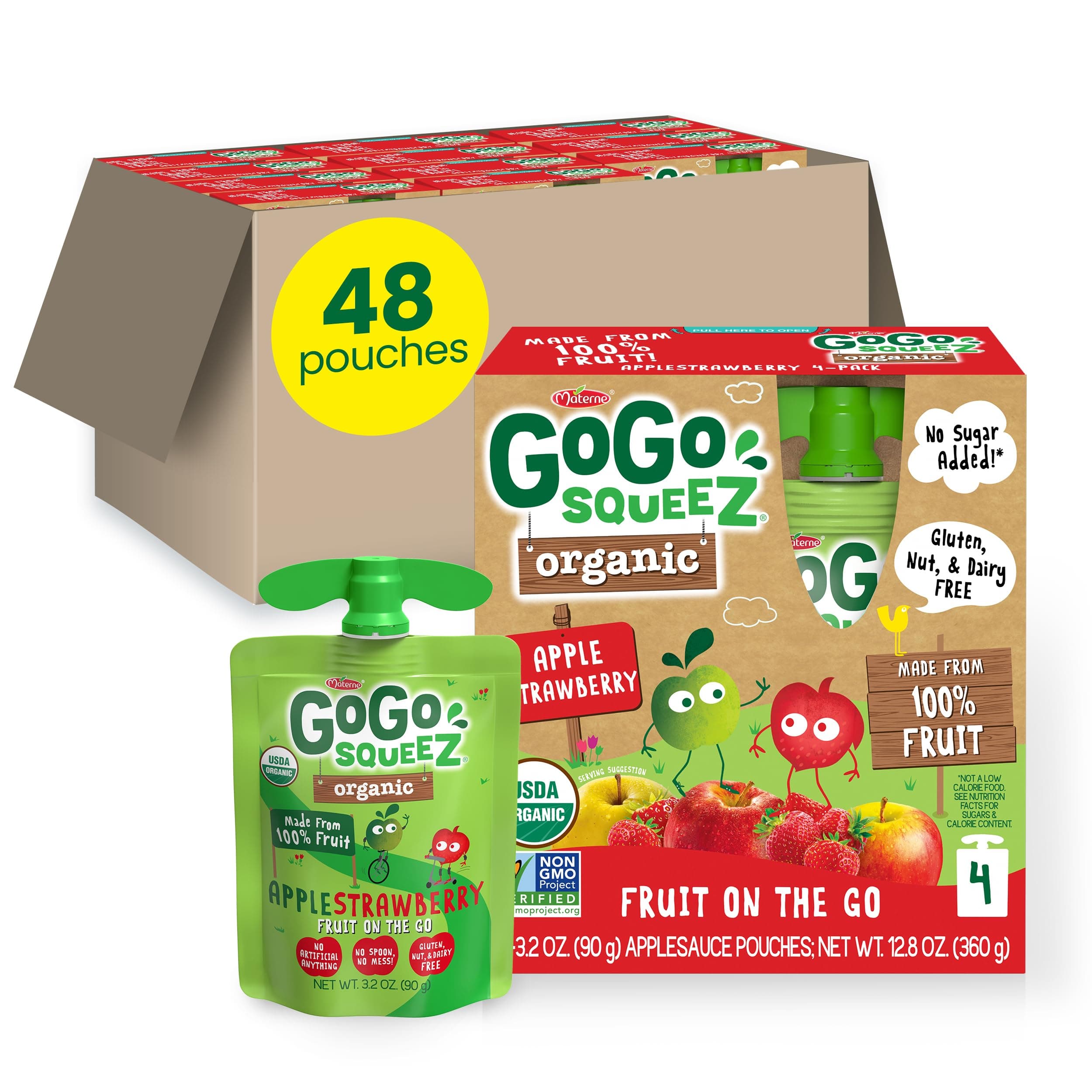 No Sugar Added Organic Applesauce and Fruit Puree Apple Strawberry, 3.2 oz Pouches (Pack of 48), Fruit Snacks for Kids, Gluten Free, Nut Free, Recloseable Cap, BPA Free