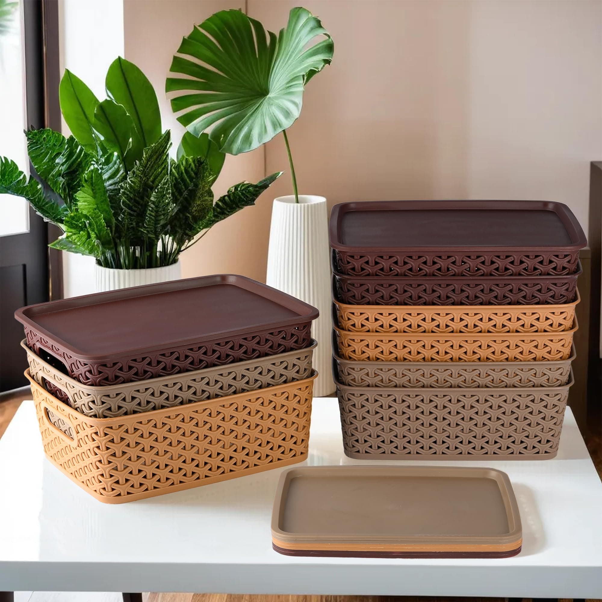 Kuber Industries Pack of 9 Multipurpose Solitaire Storage Basket with Lid|Strong Plastic Material & Side Grip|Size Large 36 x 30 x 14, (Multi)-CTLTC10908, Square