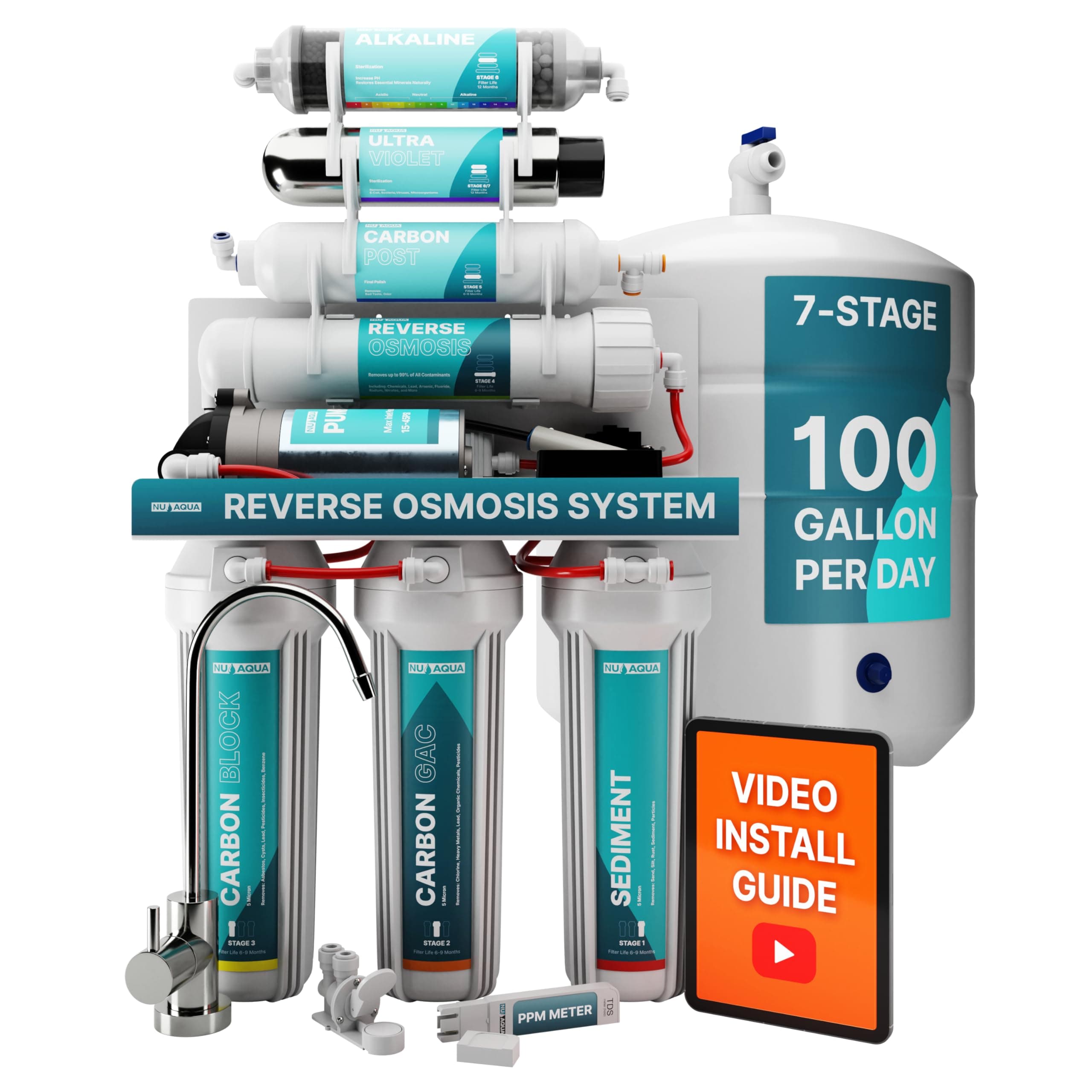NU Aqua 7-Stage Alkaline & UV Under Sink Reverse Osmosis Water Filter System - Booster Pump - 100 GPD RO Filtration & Remineralization - Faucet & Tank - 100GPD Undersink Home Kitchen Drinking Purifier