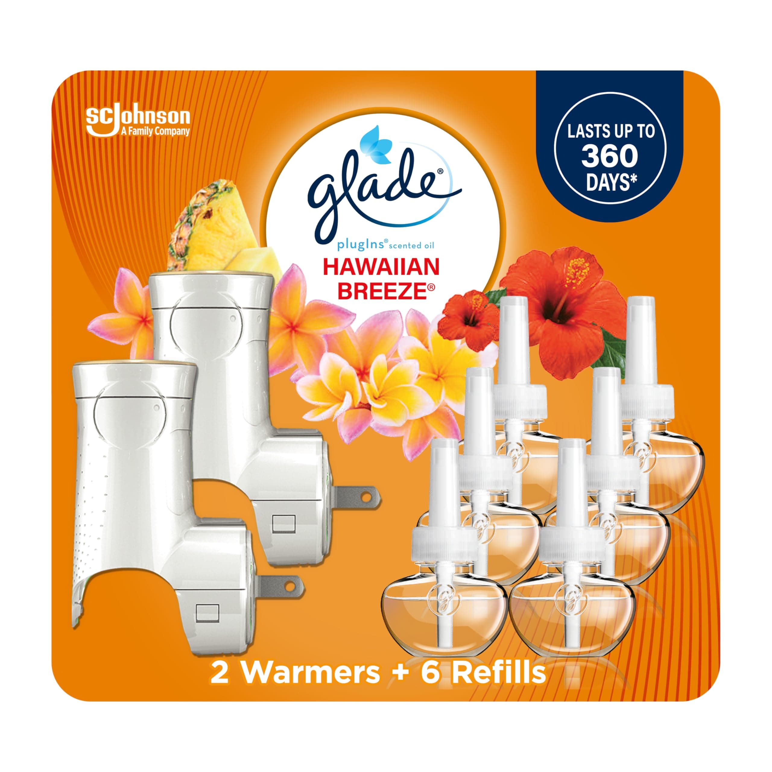 Glade PlugIns Refills Air Freshener Starter Kit, Scented and Essential Oils for Home and Bathroom, Hawaiian Breeze, 4.02 Fl Oz, 2 Warmers + 6 Refills