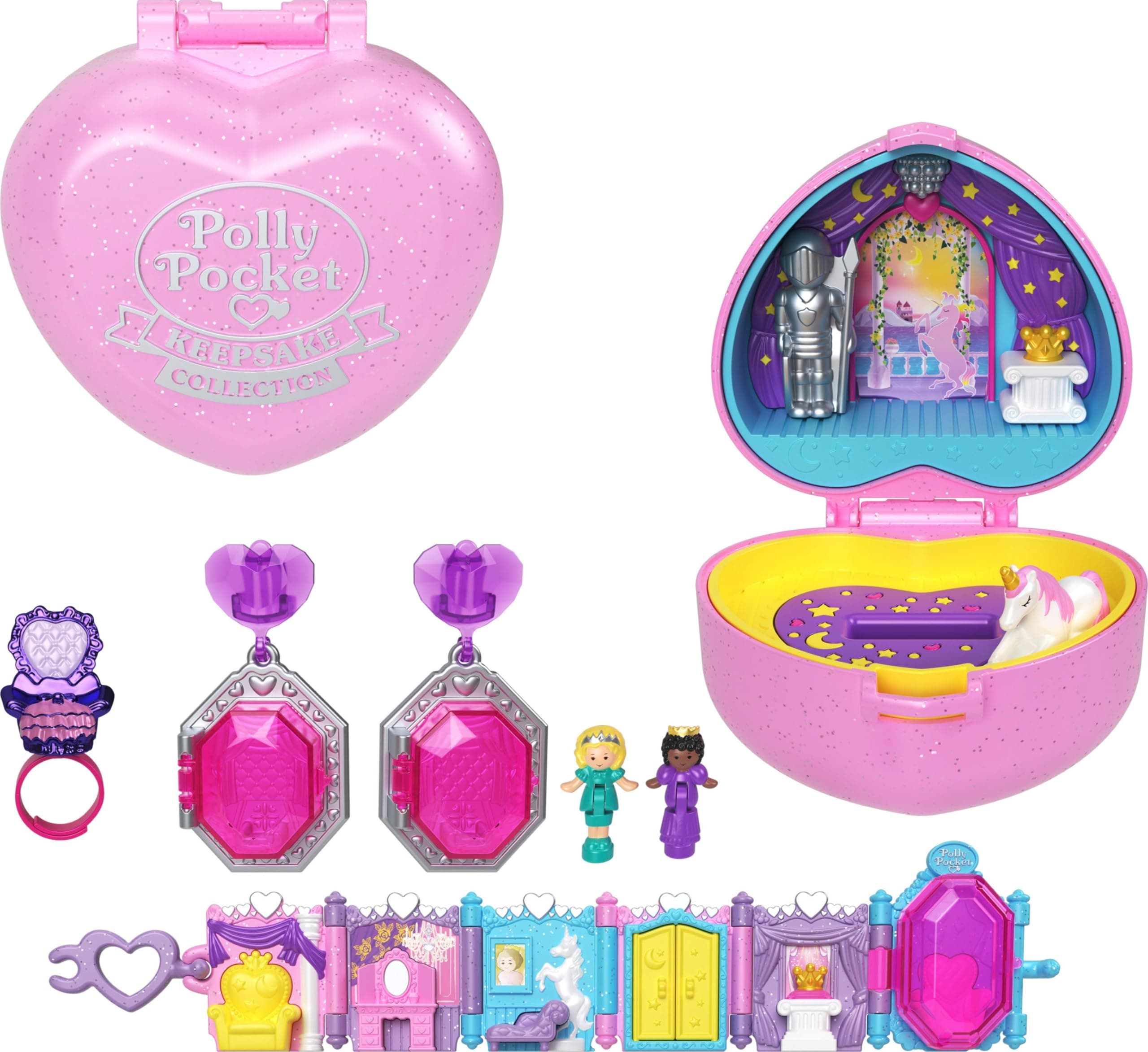 Collector Compact with 2 Dolls, Keepsake Collection Royal Ball Jewelry Accessories Set, Collectible Toy with Unicorn Castle Theme