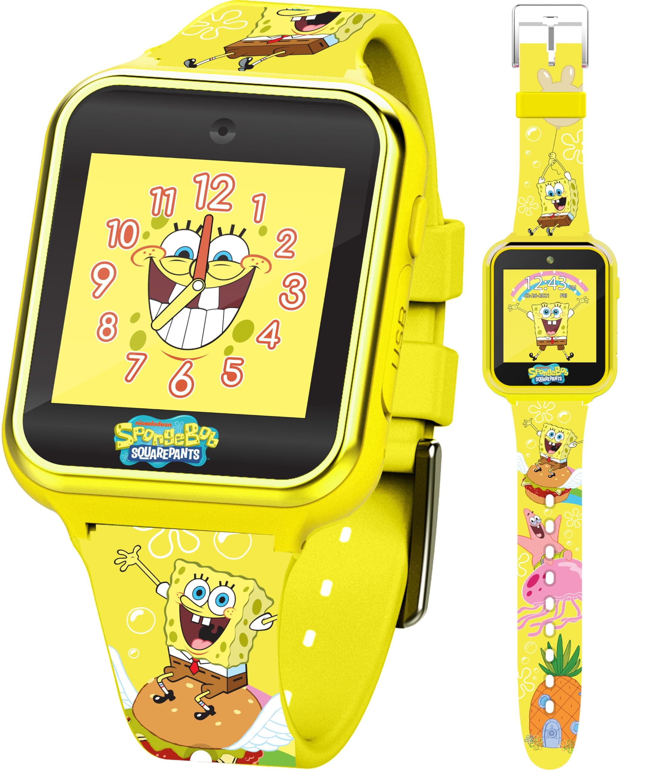 Accutime SpongeBob SquarePants Kids Smart Watch Touchscreen with Camera Games Stopwatch Alarm Fitness Tracker Photo Video Recorder – Fits Wrist Sizes 5.5" to 8", Yellow, 40mm, Smartwatch