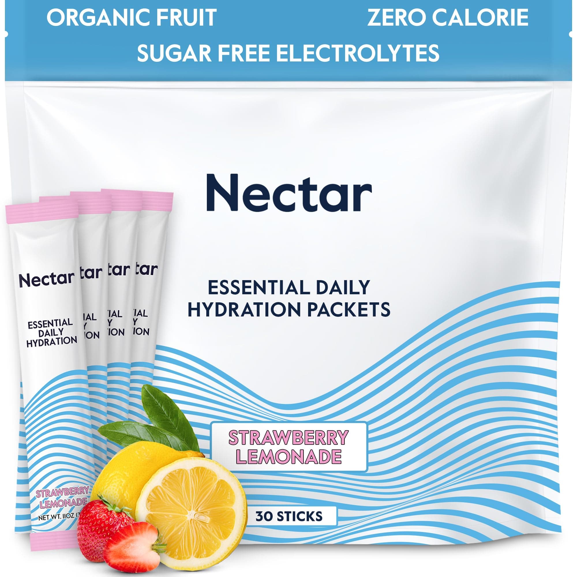 Nectar Hydration Packets - Electrolytes Powder No Sugar Or Calories Organic Fruit Liquid Daily Iv Hydrate For Dehydration Relief & Rehydration (Strawb. Lemon 30 Pack)