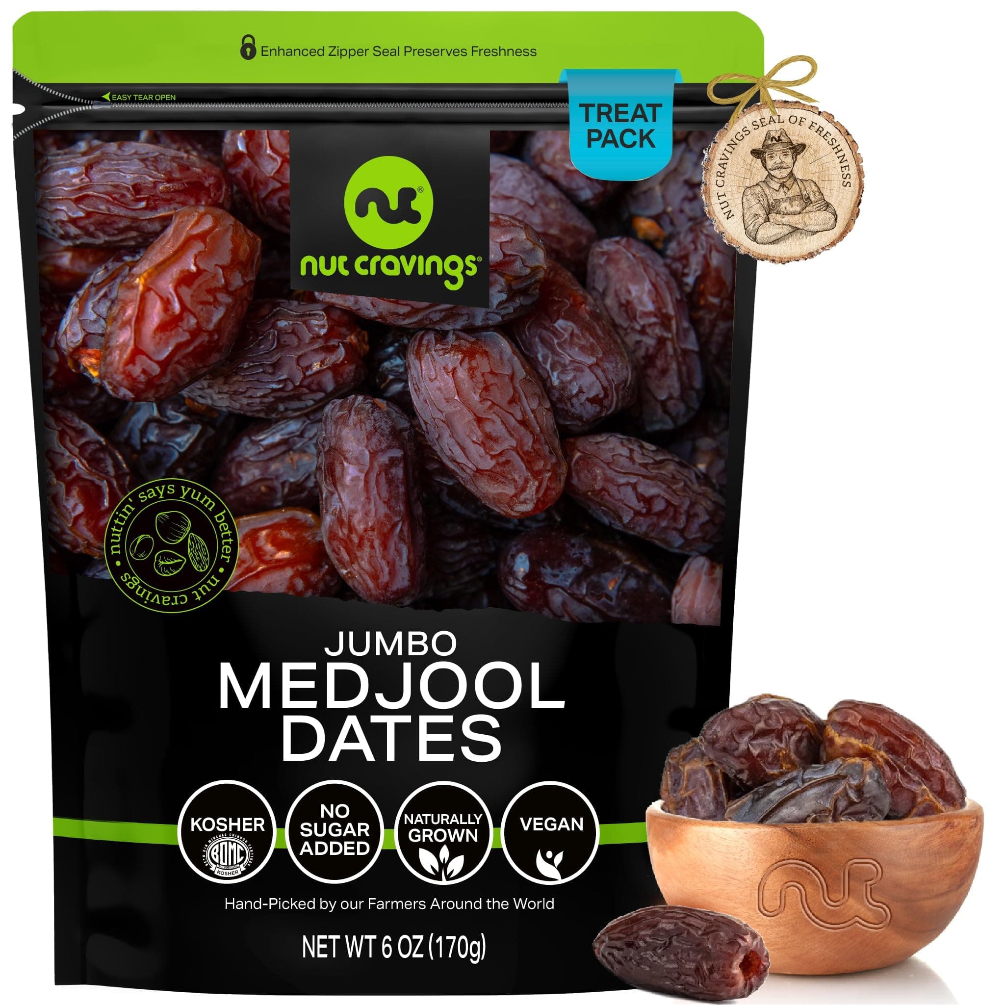 NUT CRAVINGS - Dried Jumbo Medjool Dates, No Sugar Added, Unsulphured (6oz, 1 Pack) Sweet Healthy Snack, Vegan, Kosher, Resealable Bag