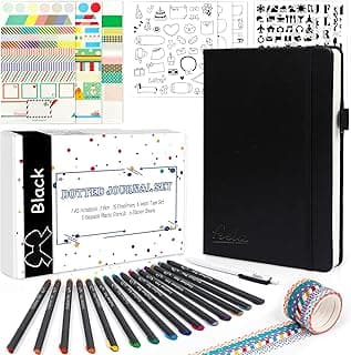 Feela Bullet Dotted Journal Kit, A5 Dotted Bullet Grid Journal Set with 224 Pages Black Notebook,Fineliner Pens,Reusable Stencils,Sticker Sheets,Washi Tape,Black Pen for Diary,Schedule Plan,Drawing