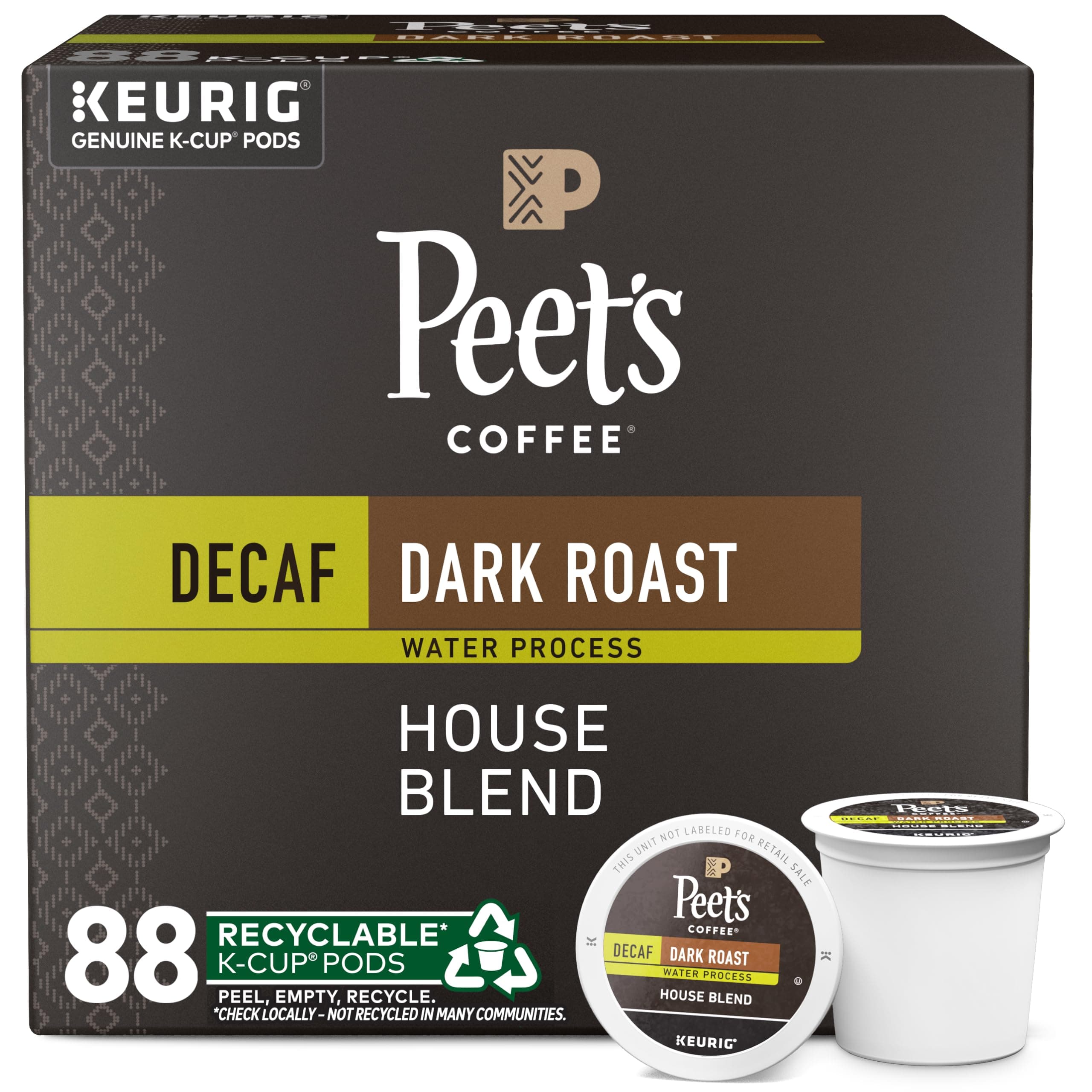 Dark Roast Decaf Keurig K-Cup Pods, Decaffeinated Arabica Coffee - Decaf House Blend 88 Count (4 Boxes of 22 K-Cup Pods)