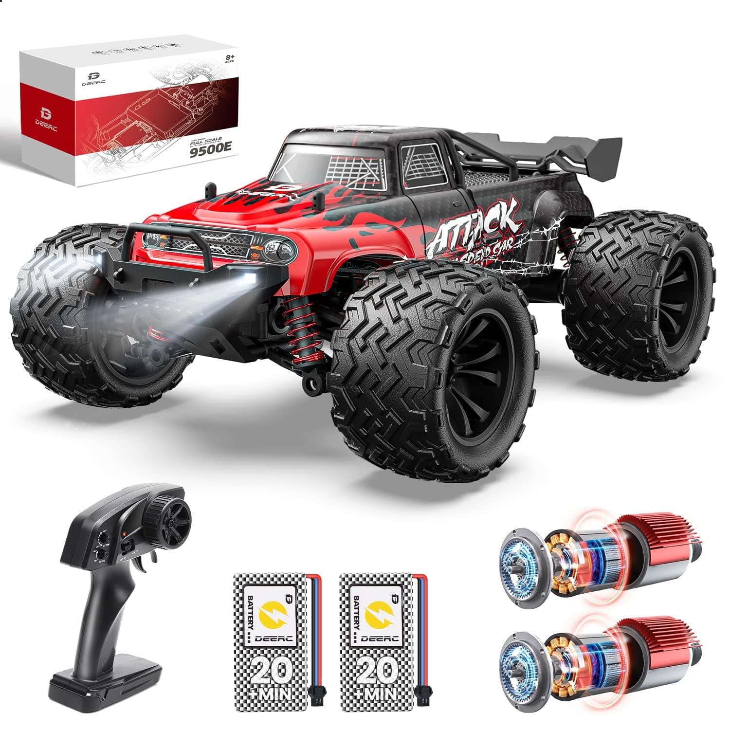 DEERC 9500E 1:16 Scale All Terrain RC Car, 4x4 High Speed 40 KPH RC Truck, 2.4Ghz Remote Control Truck with 2 Batteries, Off-Road Monster Truck for Adults Kids