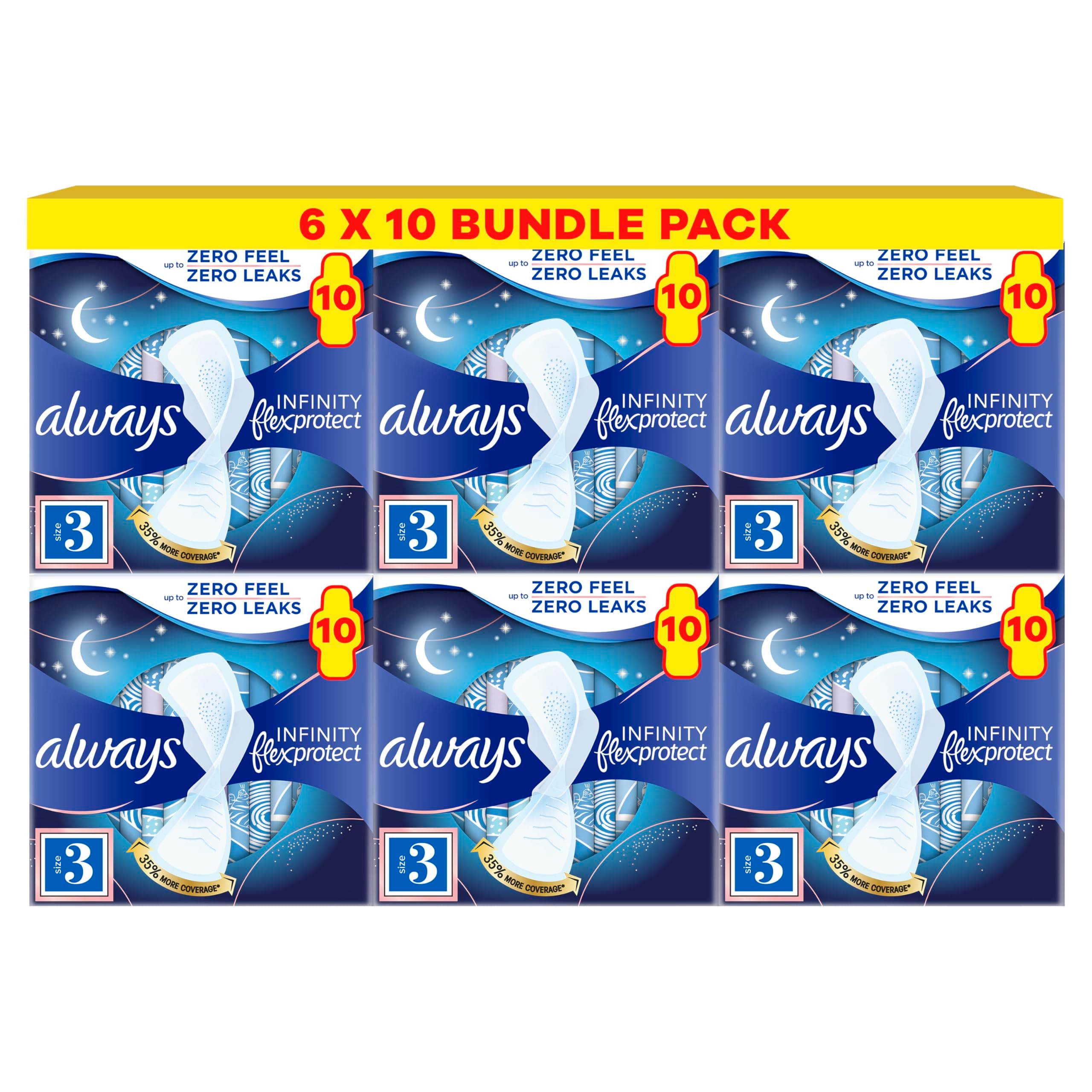 Infinity Flex Protect Night Size 3 Sanitary Towels With Wings 10 Pads X Pack of 6