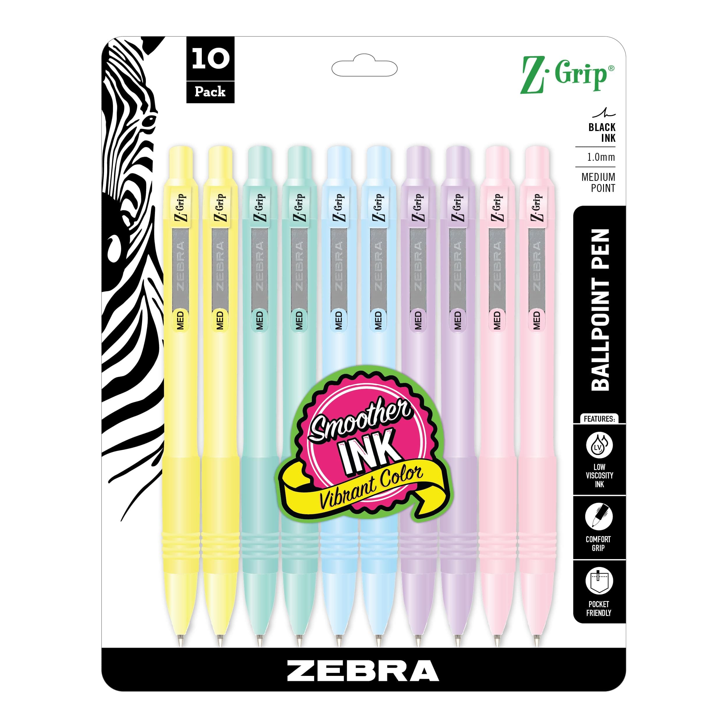 Zebra Pen Z-Grip Retractable Ballpoint Pen, Smooth-Flowing Black Ink, 1.0mm Medium Point, School & Office Supplies, Ideal for Note-Taking, Journal and Planner Use, 10-Pack Assorted Barrels (22101)