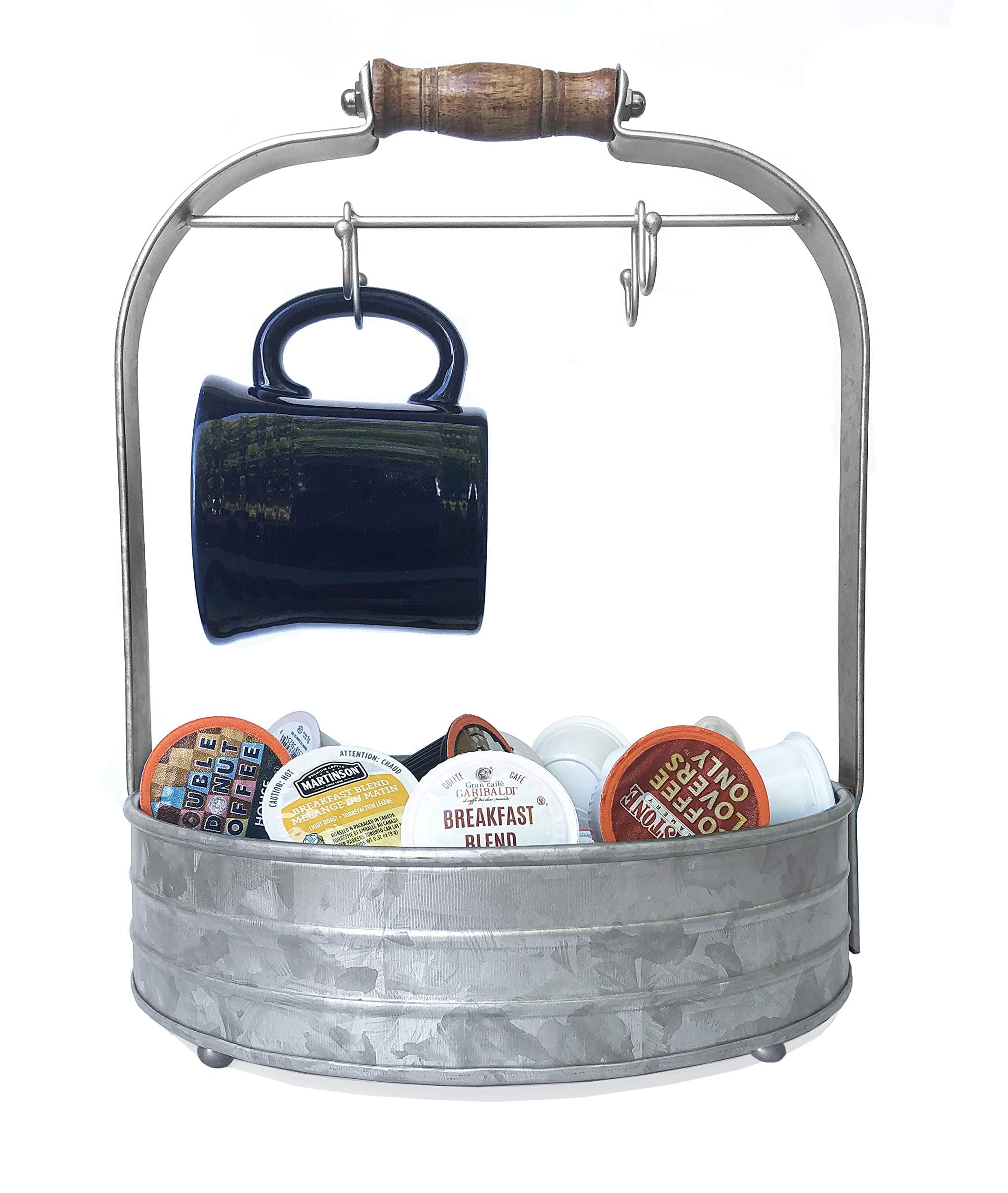 Autumn Alley Rustic Galvanized Coffee Mug Rack Organizer for Kitchen Counter | Mug Tree with Cup Hooks and Basket for Storage of k Cups and Accessories | Perfect for Coffee Bar
