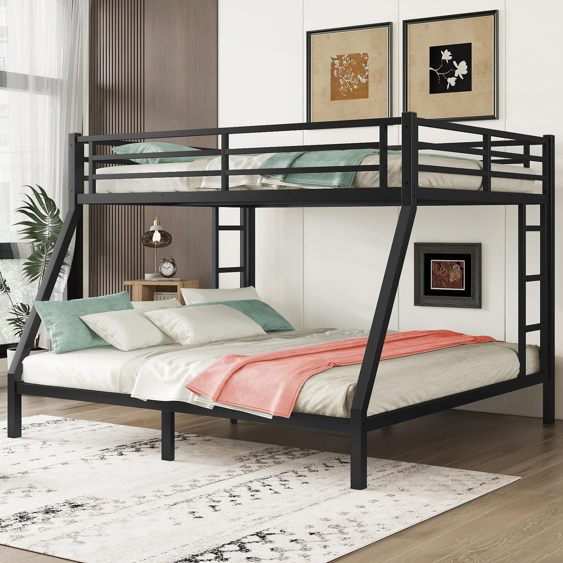 Queen Over King Bunk Bed,Heavy-Duty Metal Bunk Bed Frame for Adults Teen Kids,2 Side Ladder,Guardrail,Space-Saving,Noise Reduced,No Box Spring Needed,Black (Queen Over King)